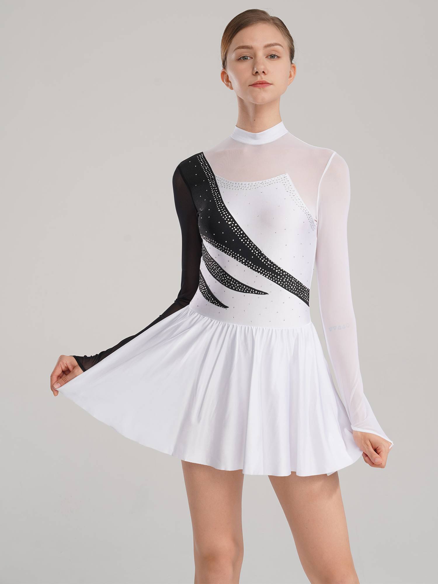 Women Color Block Mesh Figure Skating Leotard Dresses