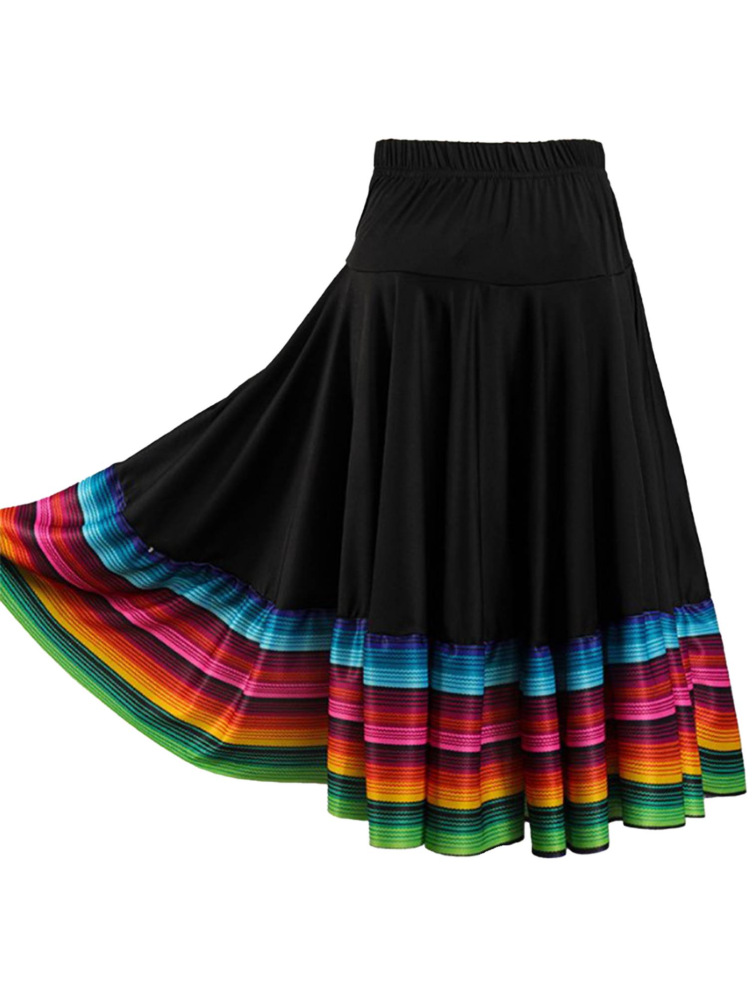 Women Rainbow Stripe Flamenco Folk Dance Midi Skirt
