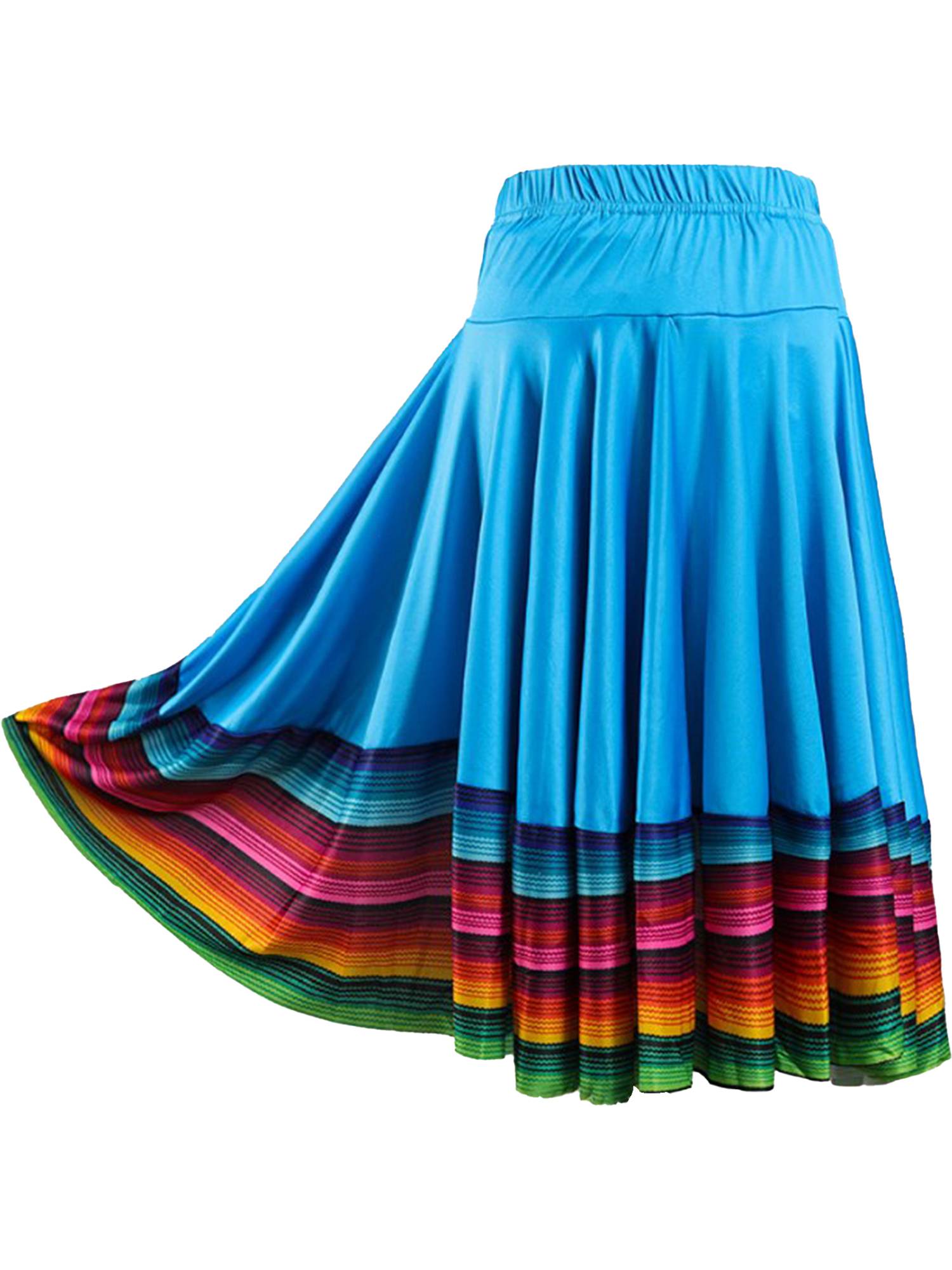 Women Rainbow Stripe Flamenco Folk Dance Midi Skirt