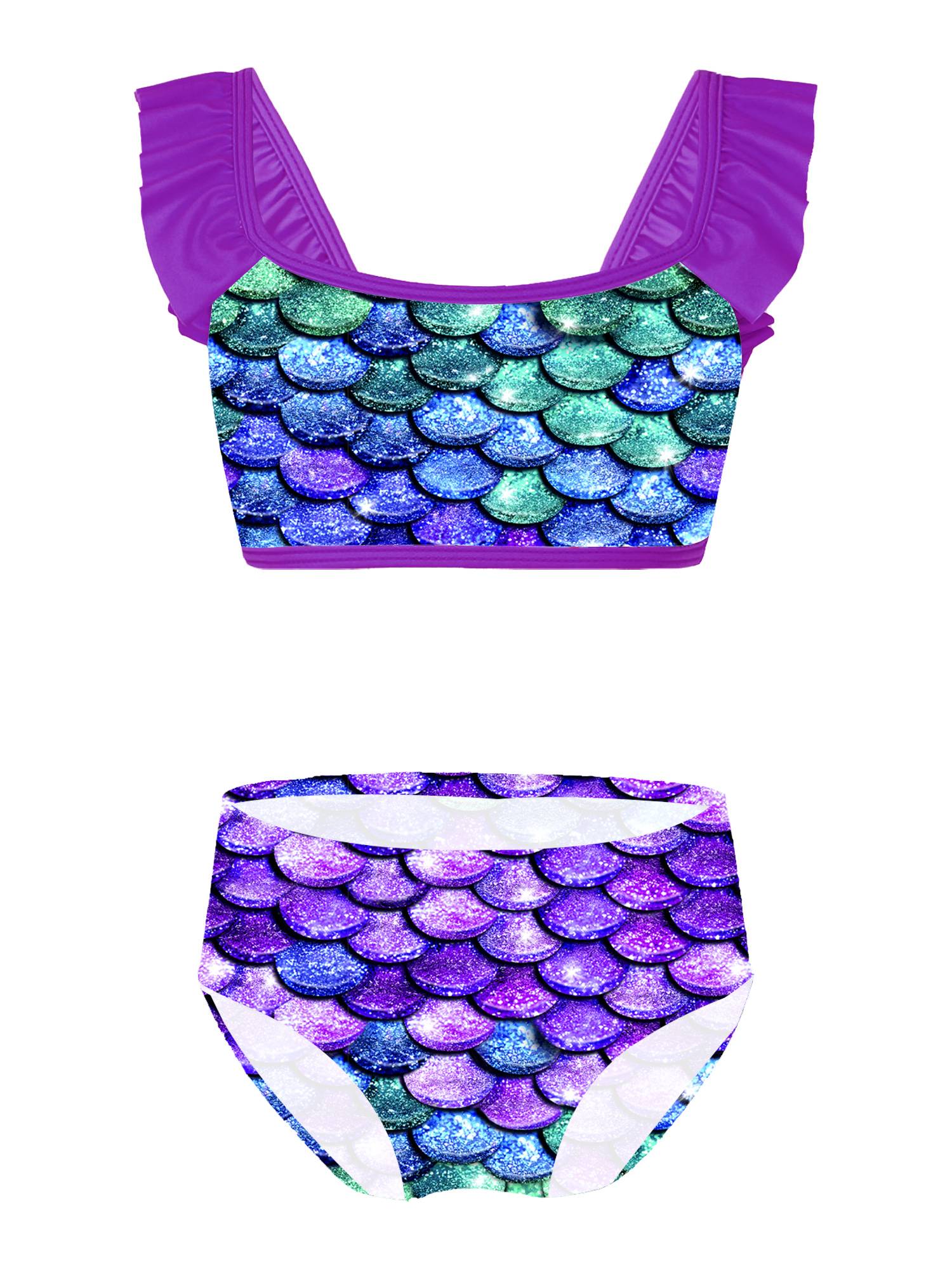 Kids Girls Two Pieces Ruffled Mermaid Tankini Swimsuit Set