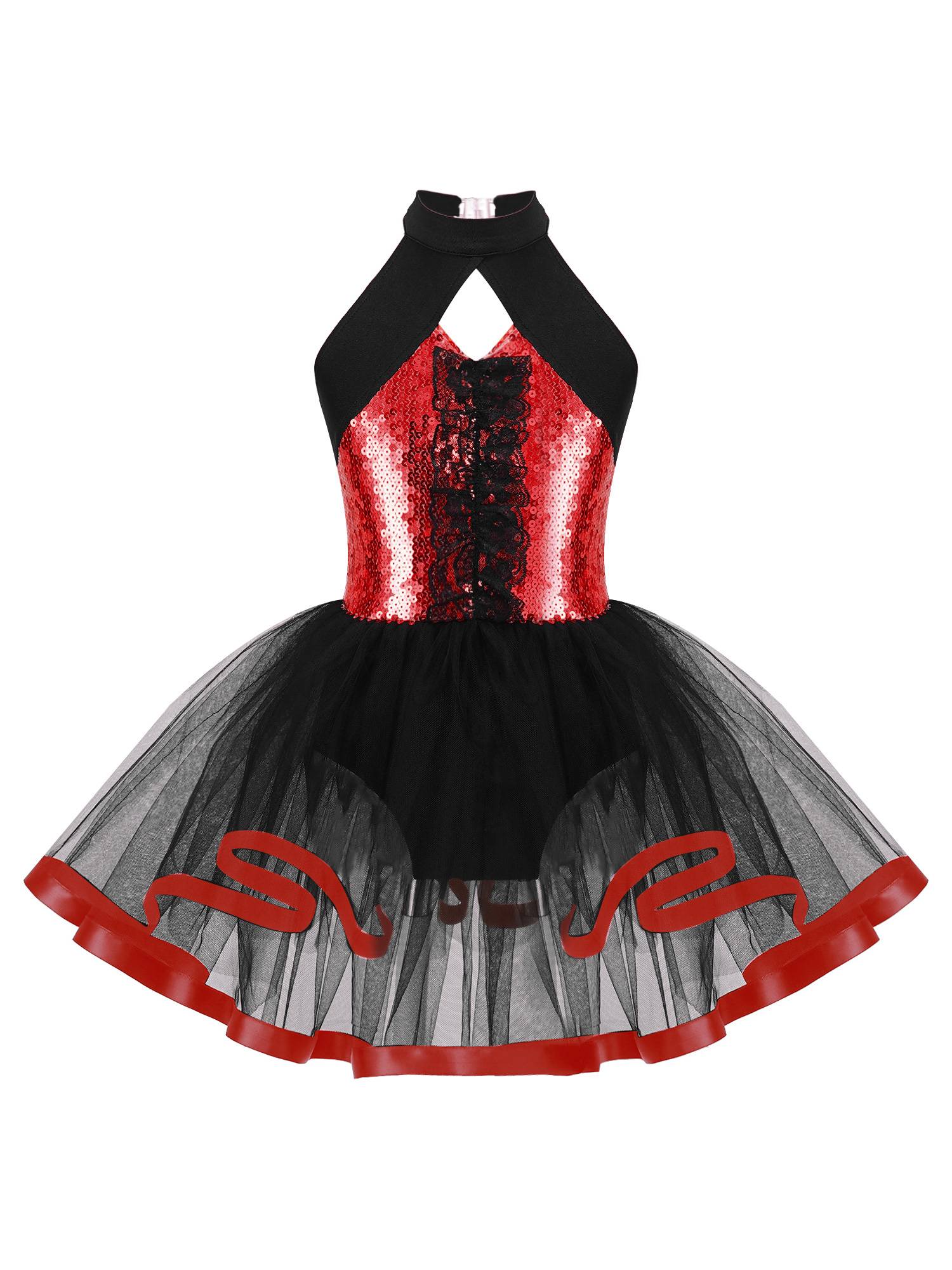Kids Girls Sleeveless Sequins Ruffle Ballet Dance Leotard Tutu Dress