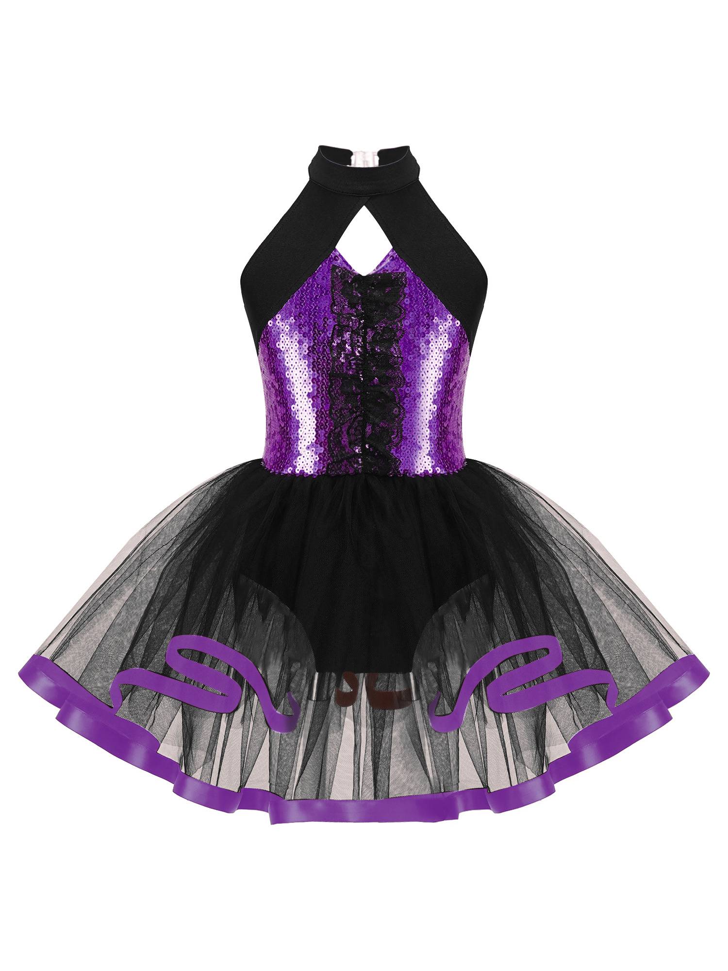 Kids Girls Sleeveless Sequins Ruffle Ballet Dance Leotard Tutu Dress