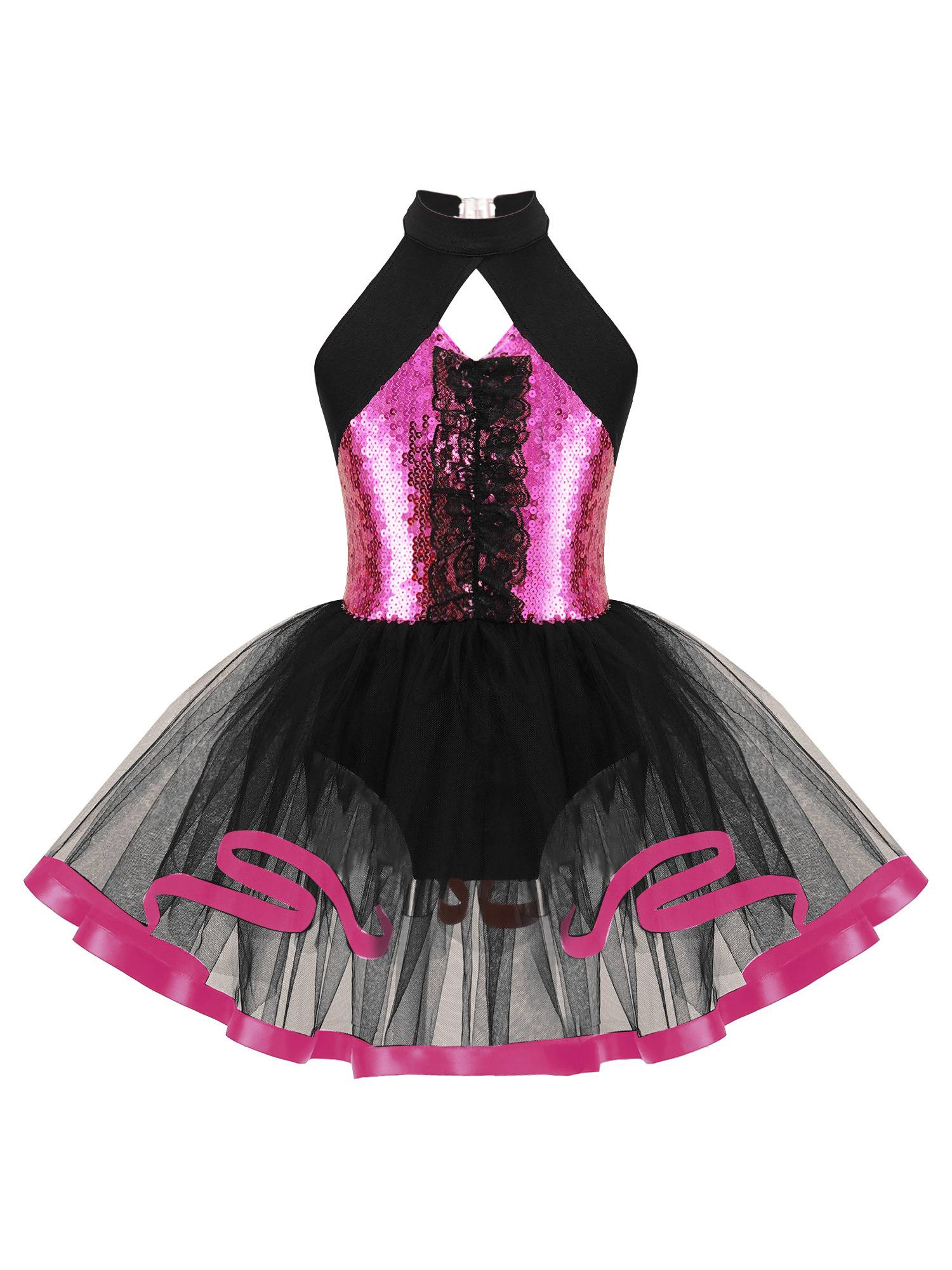Kids Girls Sleeveless Sequins Ruffle Ballet Dance Leotard Tutu Dress