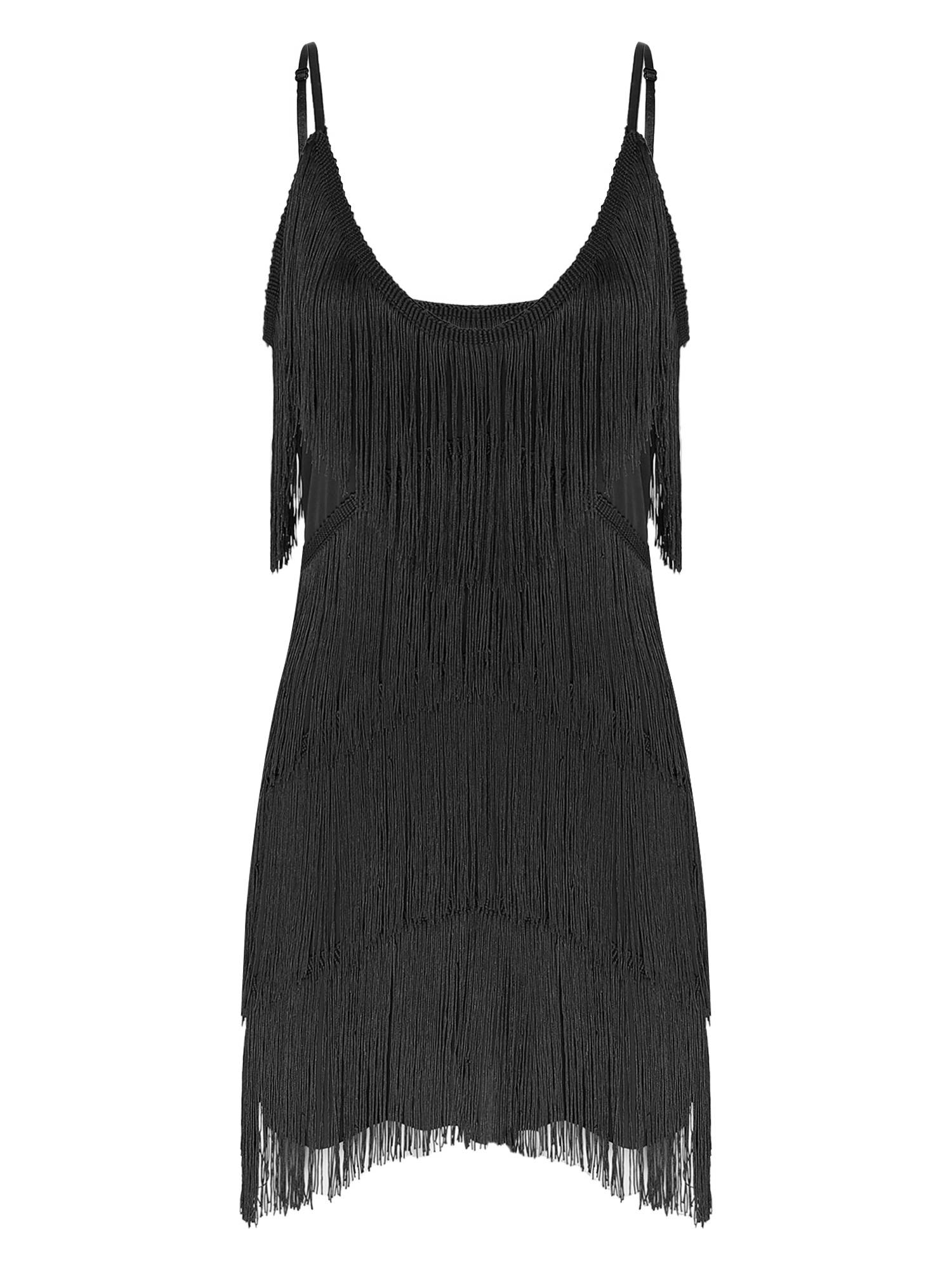 Women Deep V Neck Tiered Tassel Latin Dance Dresses