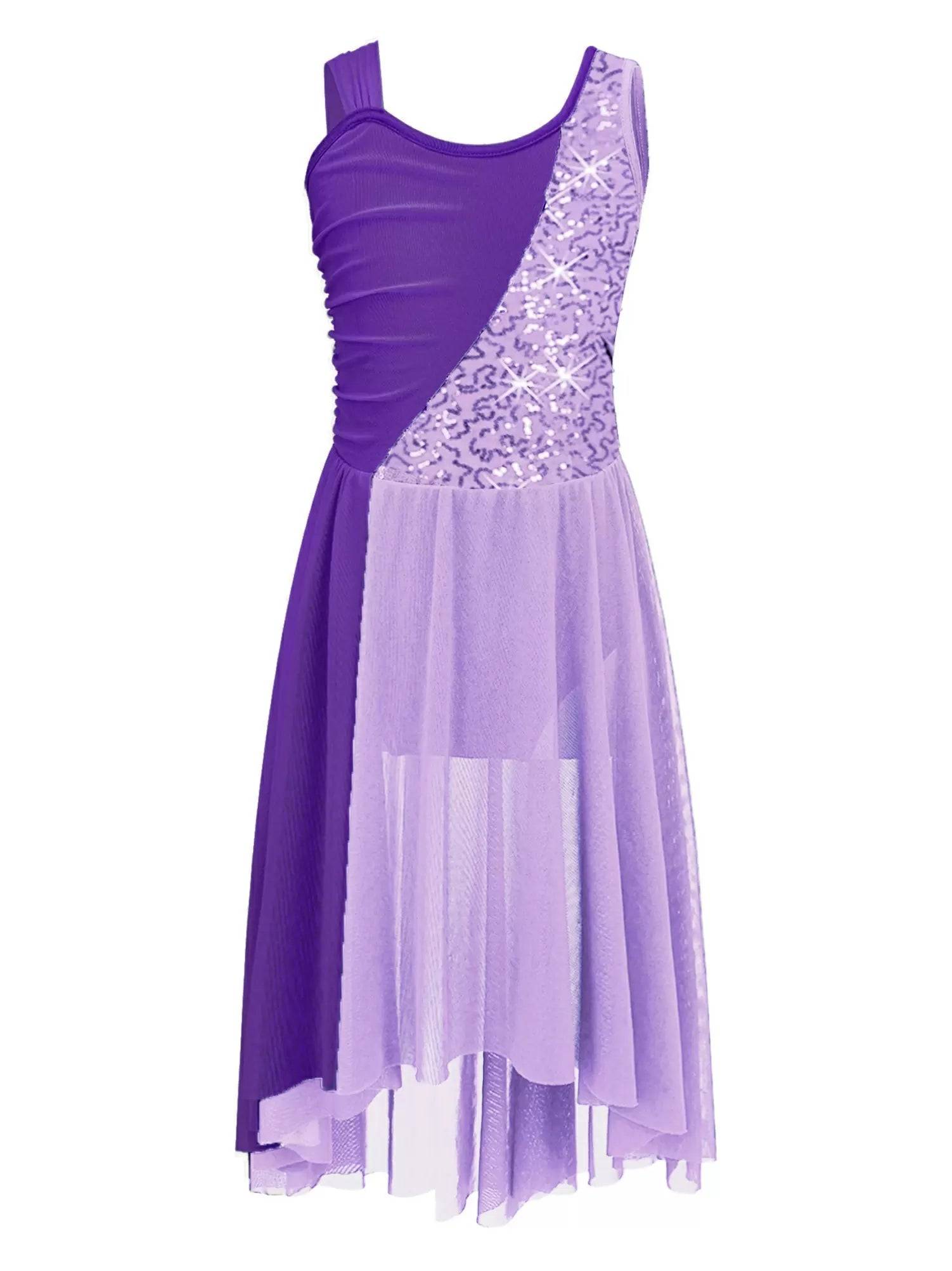 Kids Girls Colorblock Sleeveless Sequins Lyrical Dance Dress