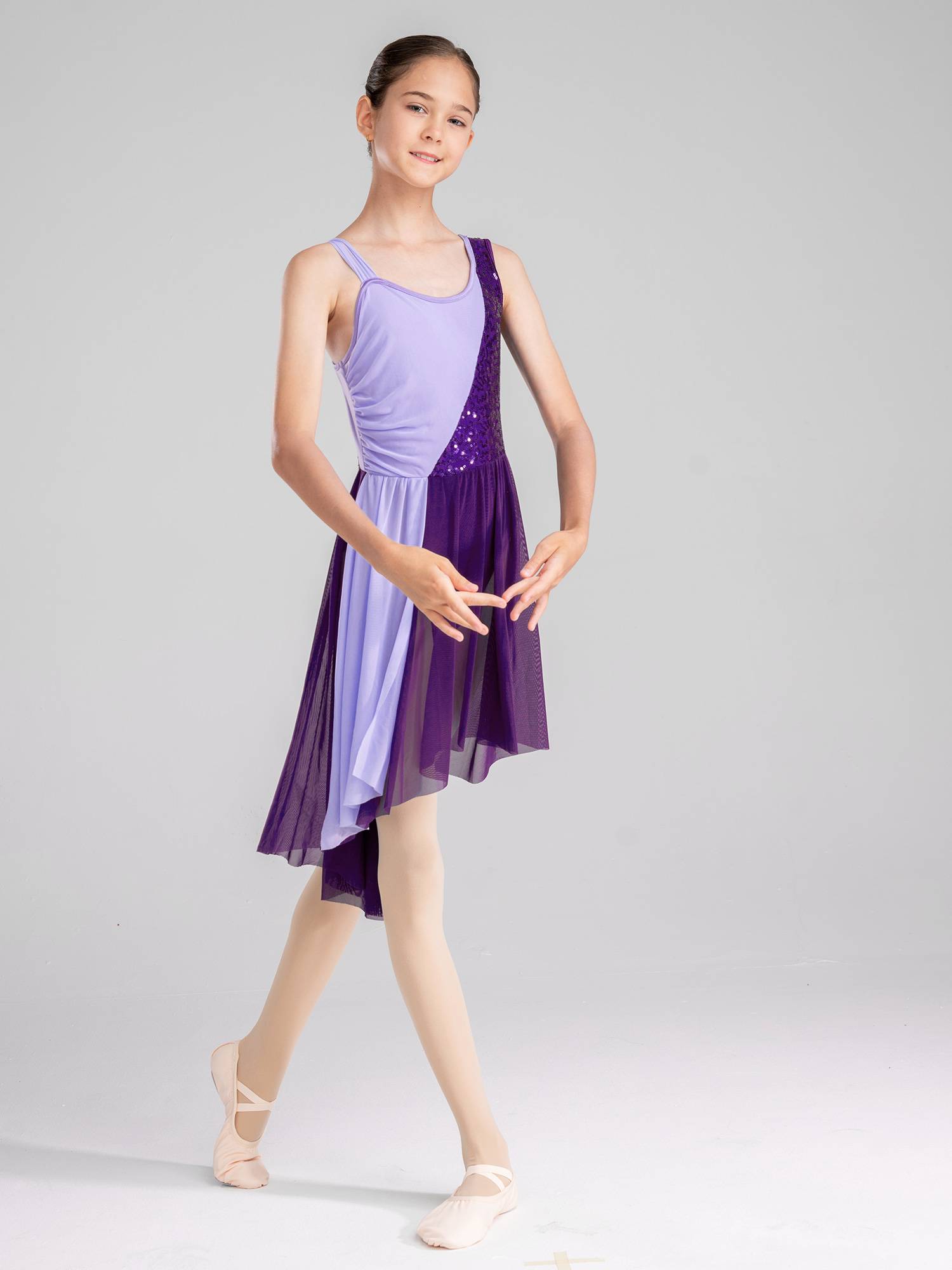 Kids Girls Colorblock Sleeveless Sequins Lyrical Dance Dress