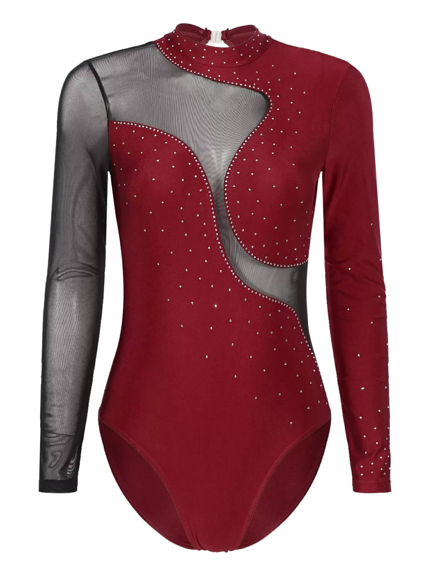 Women Long Sleeve Shiny Rhinestone Gymnastics Leotard