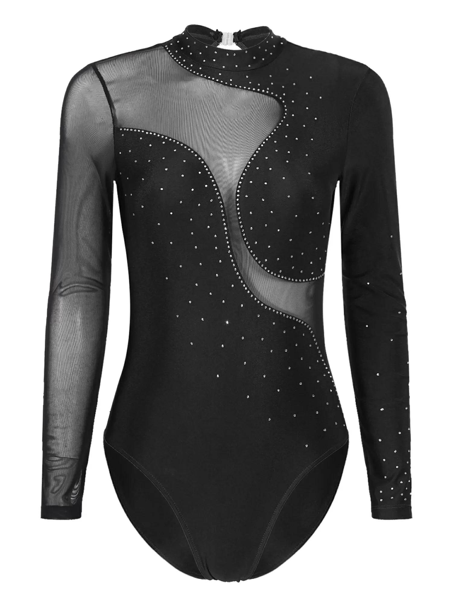 Women Long Sleeve Shiny Rhinestone Gymnastics Leotard