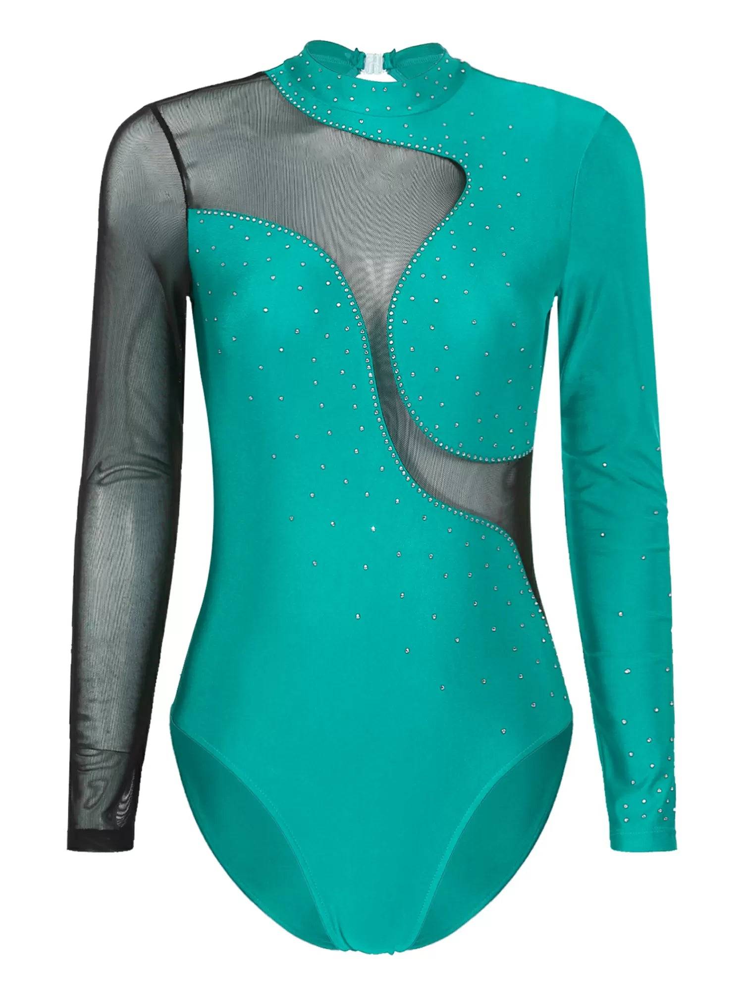 Women Long Sleeve Shiny Rhinestone Gymnastics Leotard