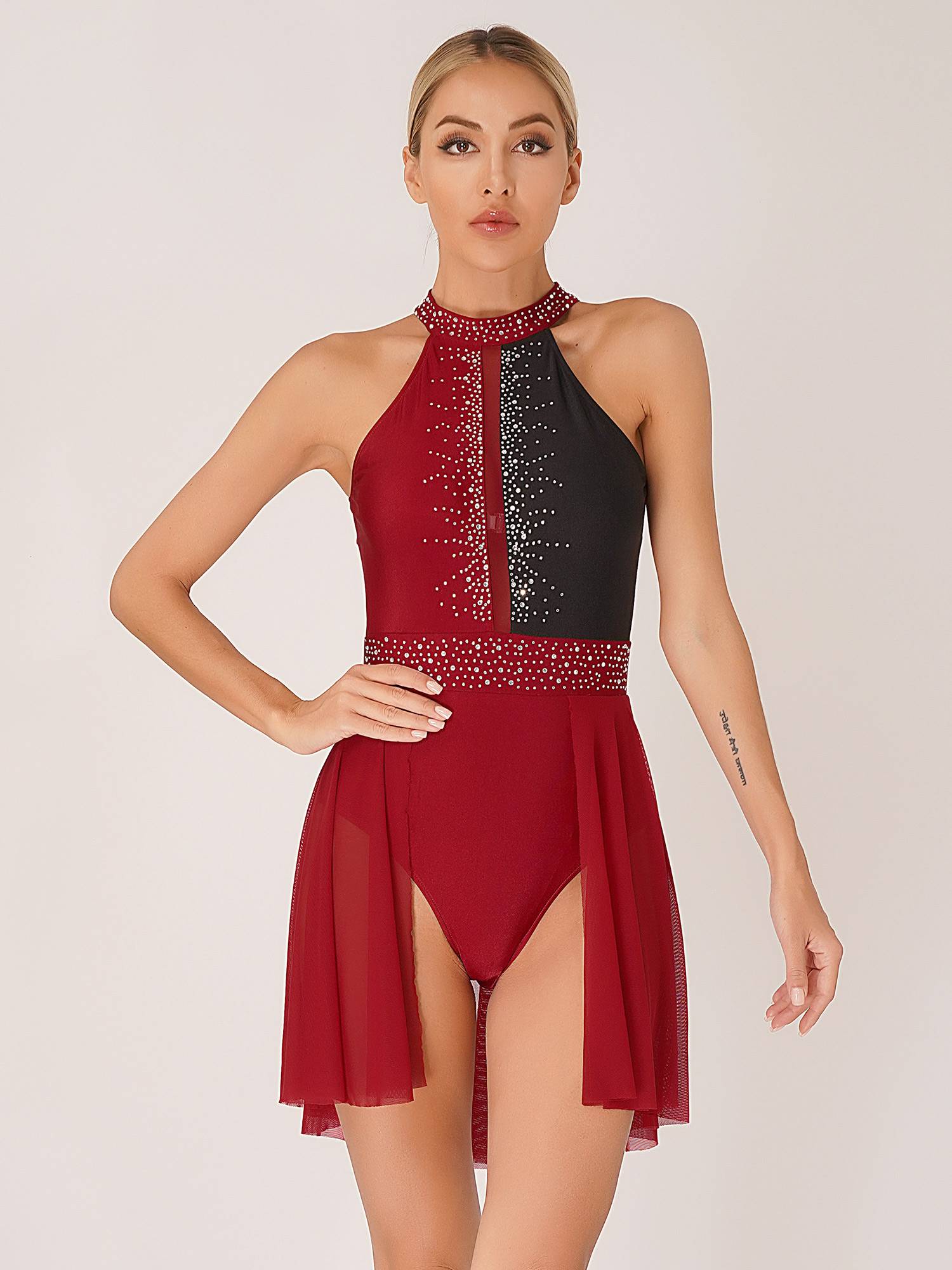 Women Sleeveless Shiny Rhinestone Figure Skating Leotard Dress