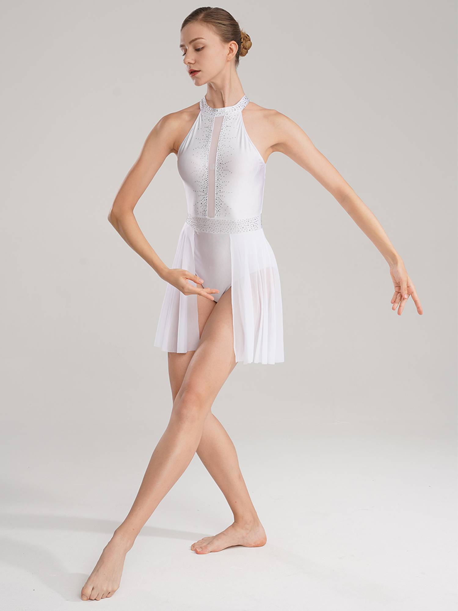 Women Sleeveless Shiny Rhinestone Figure Skating Leotard Dress