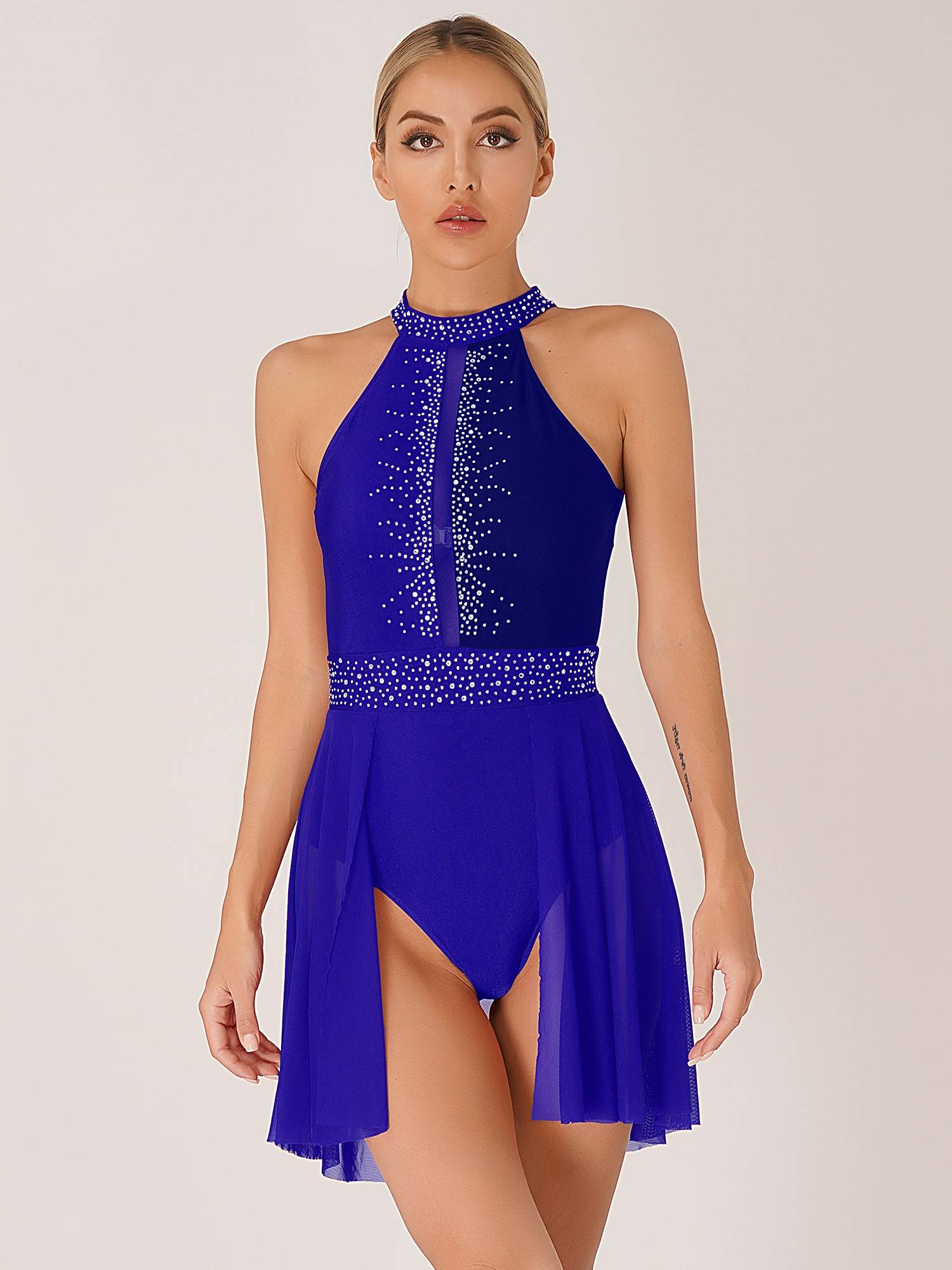 Women Sleeveless Shiny Rhinestone Figure Skating Leotard Dress