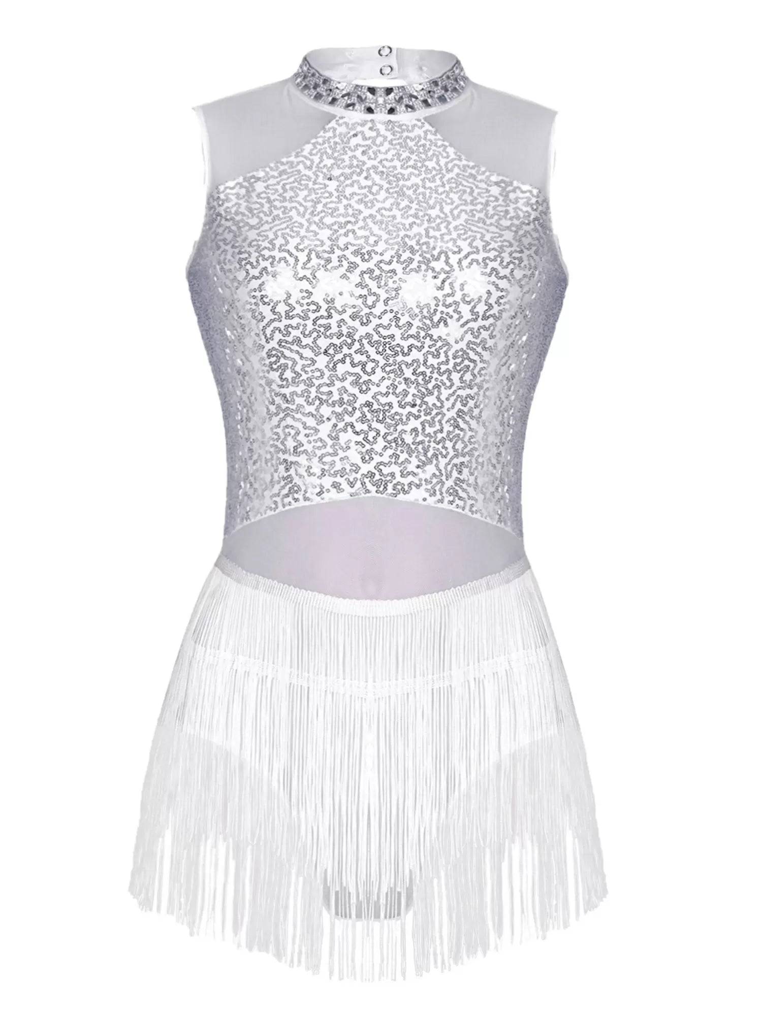 Women Sequined Tassel Latin Dance Leotard Dress