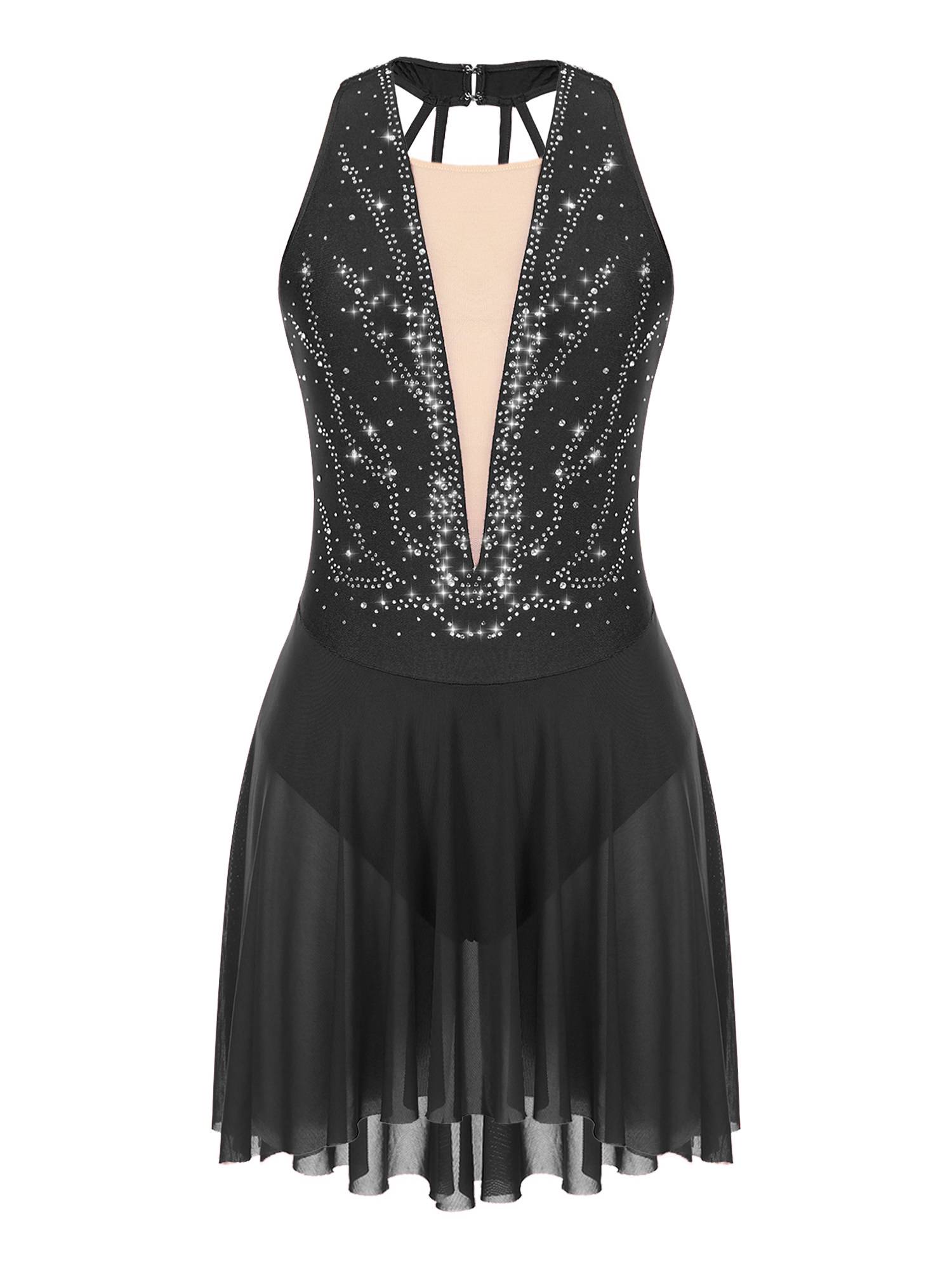 Women Glittery Rhinestone Halter Collar Lyrical Dance Leotard Dress