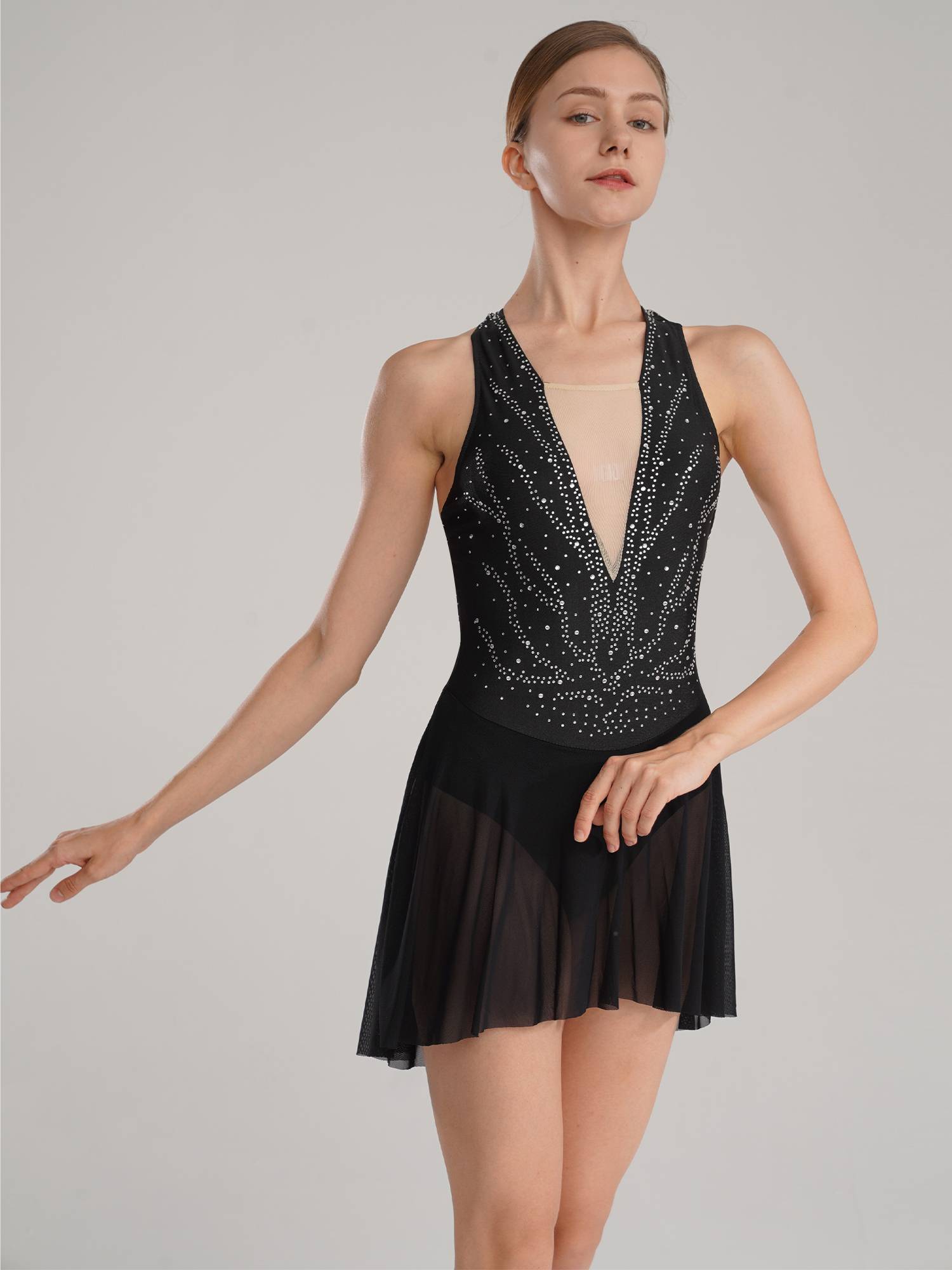 Women Glittery Rhinestone Halter Collar Lyrical Dance Leotard Dress