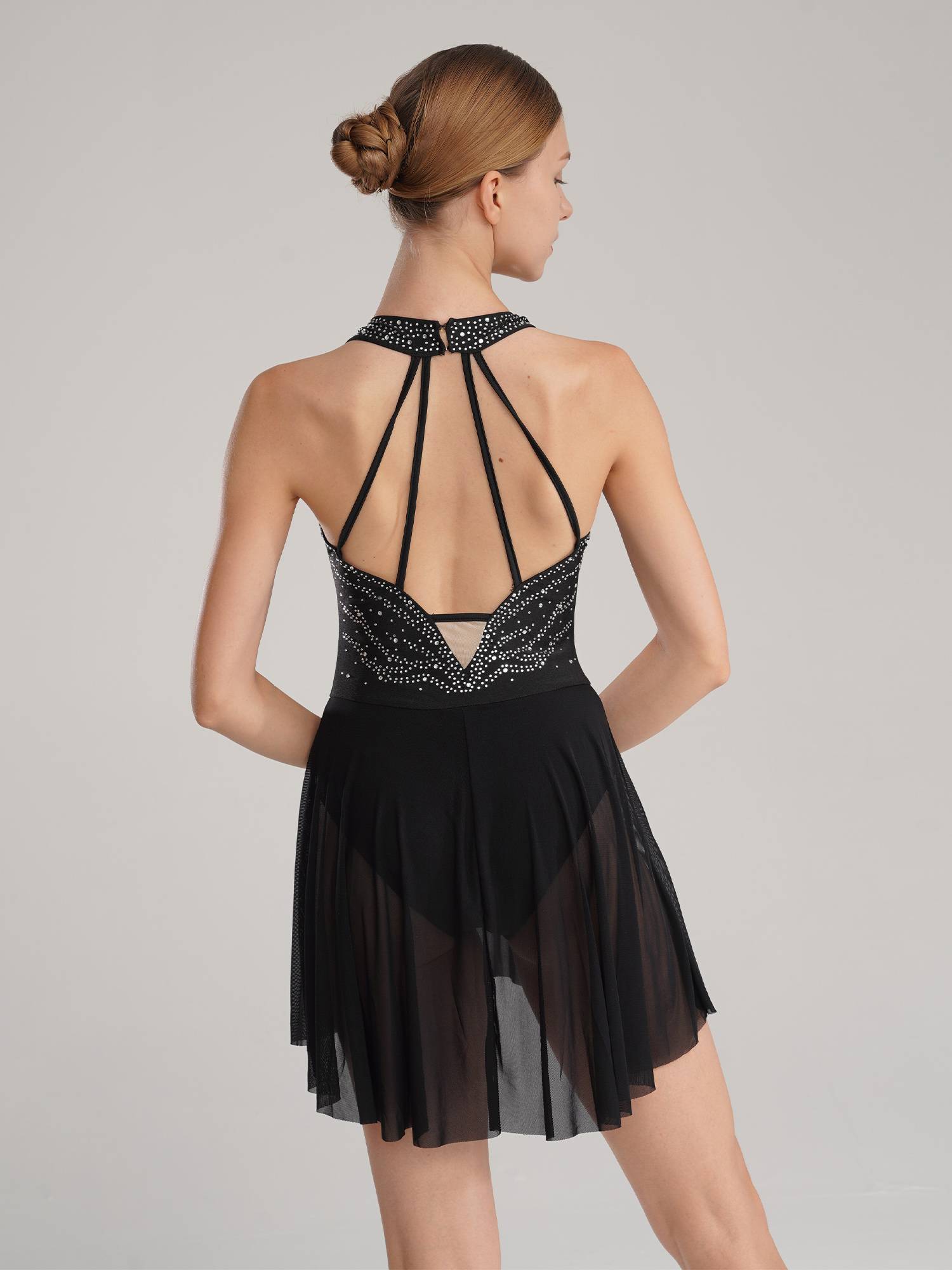 Women Glittery Rhinestone Halter Collar Lyrical Dance Leotard Dress