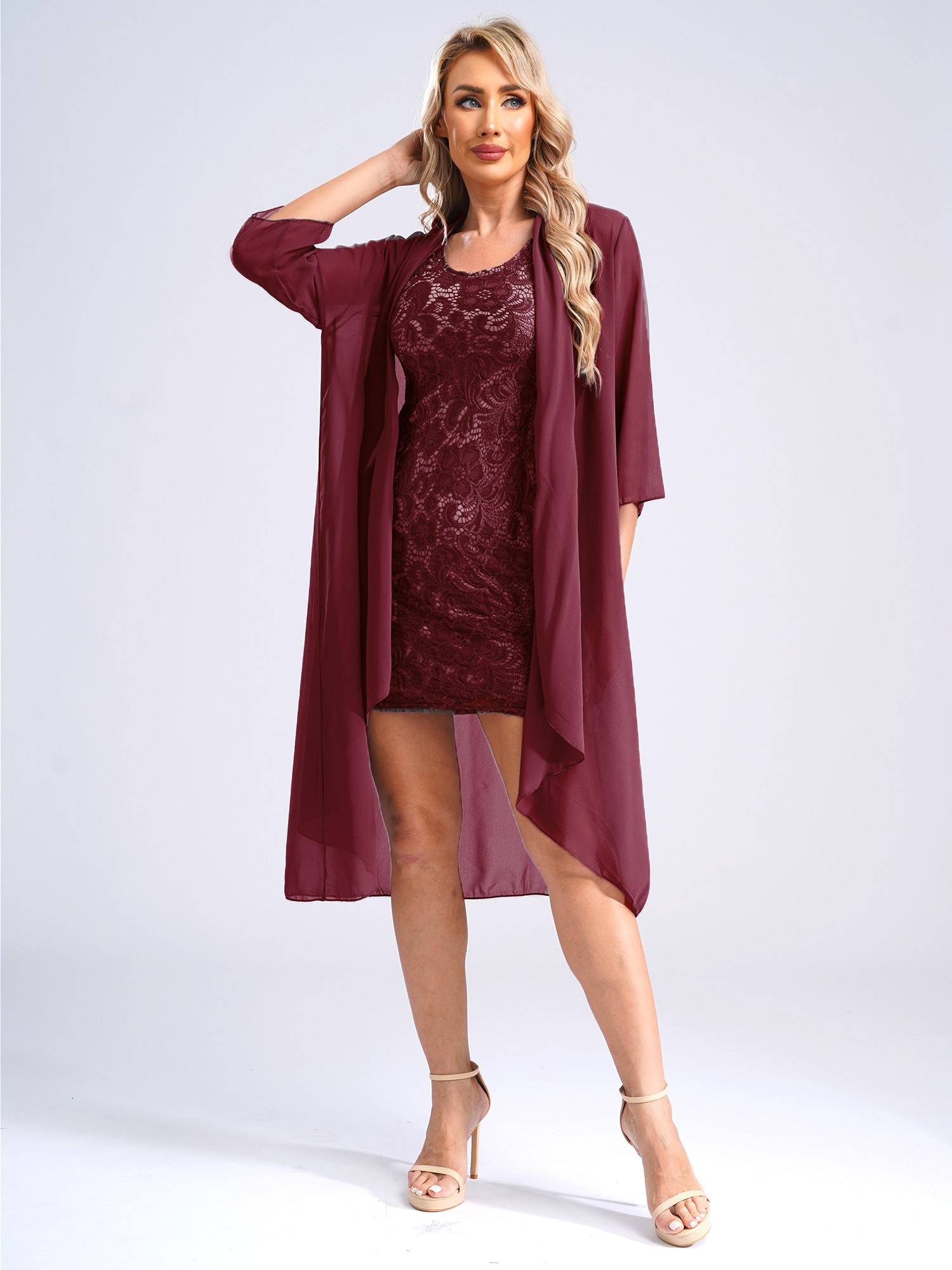 Women 2-Piece Floral Lace Sleeveless Dress and Cardigan Party Suit