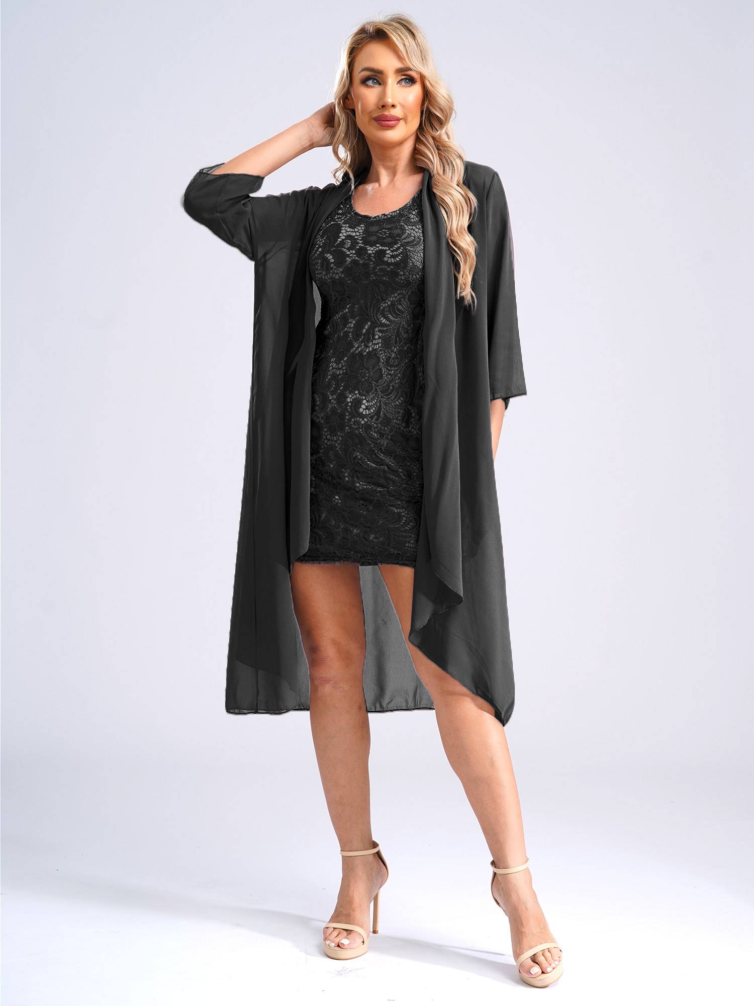 Women 2-Piece Floral Lace Sleeveless Dress and Cardigan Party Suit