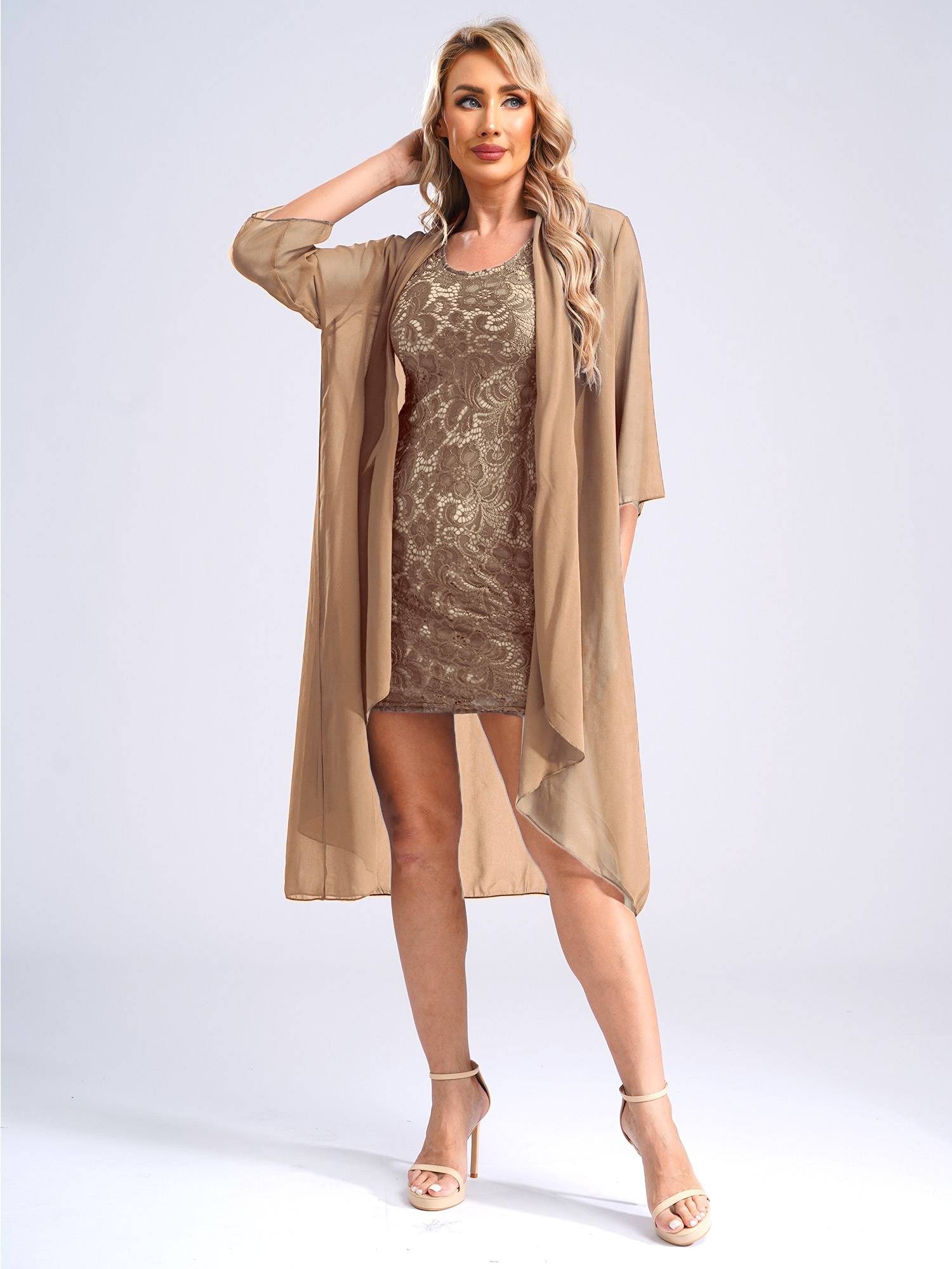 Women 2-Piece Floral Lace Sleeveless Dress and Cardigan Party Suit