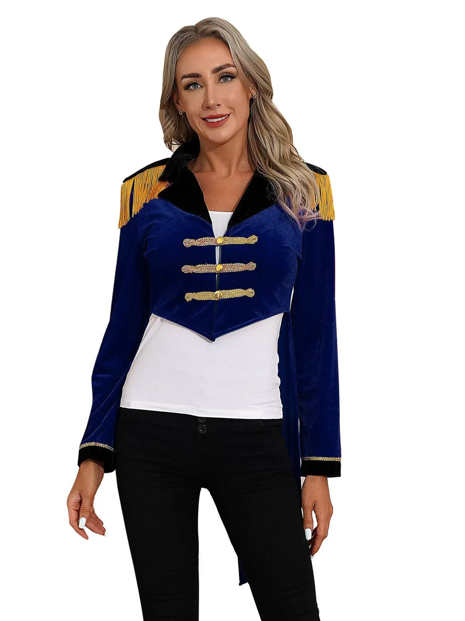 Women Color Block Circus Ringmaster Lapel Long Sleeve Velvet Tailcoat