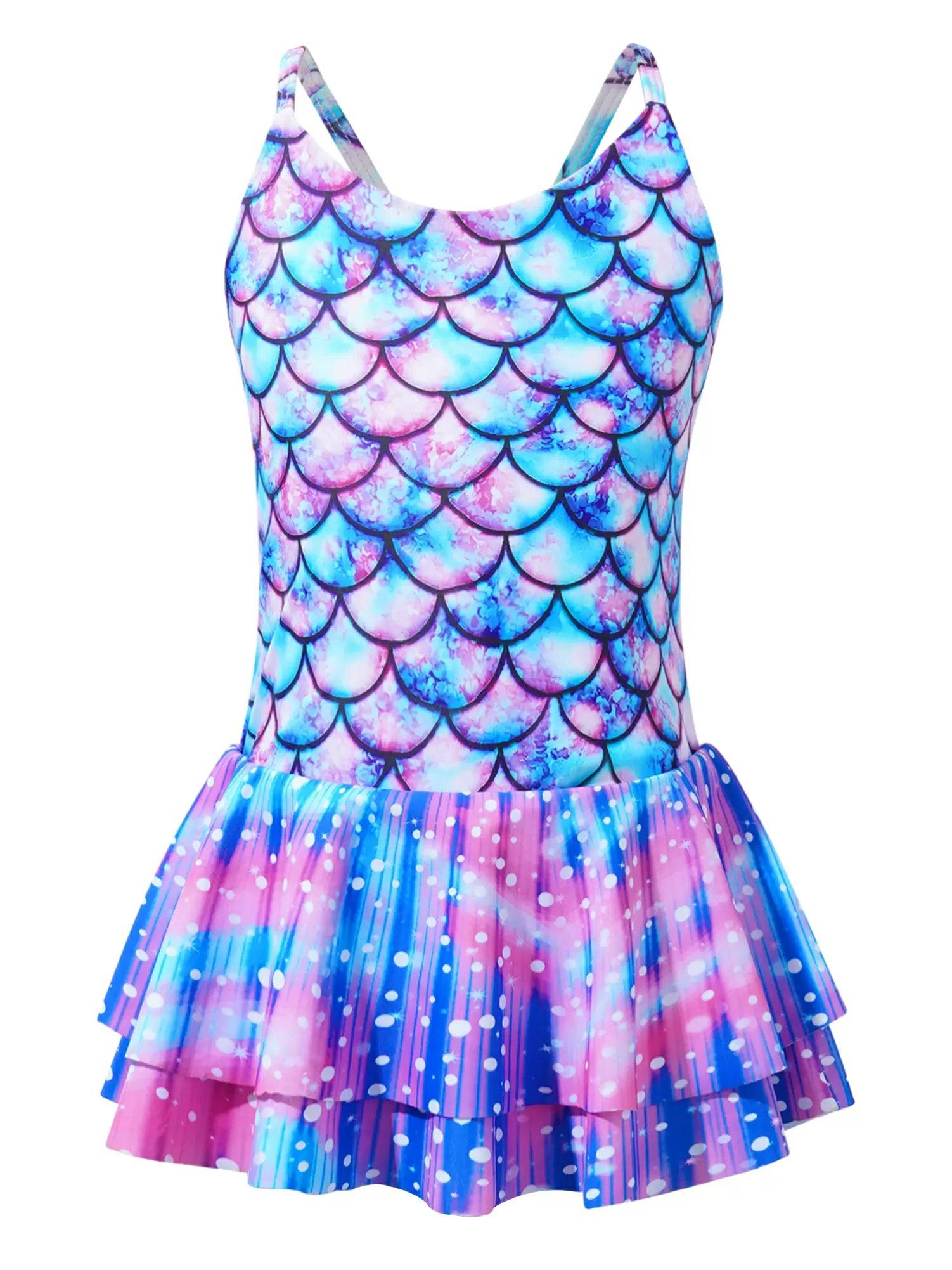 Kids Girls One-piece Mermaid Fish Scales Print Swimsuit Dress