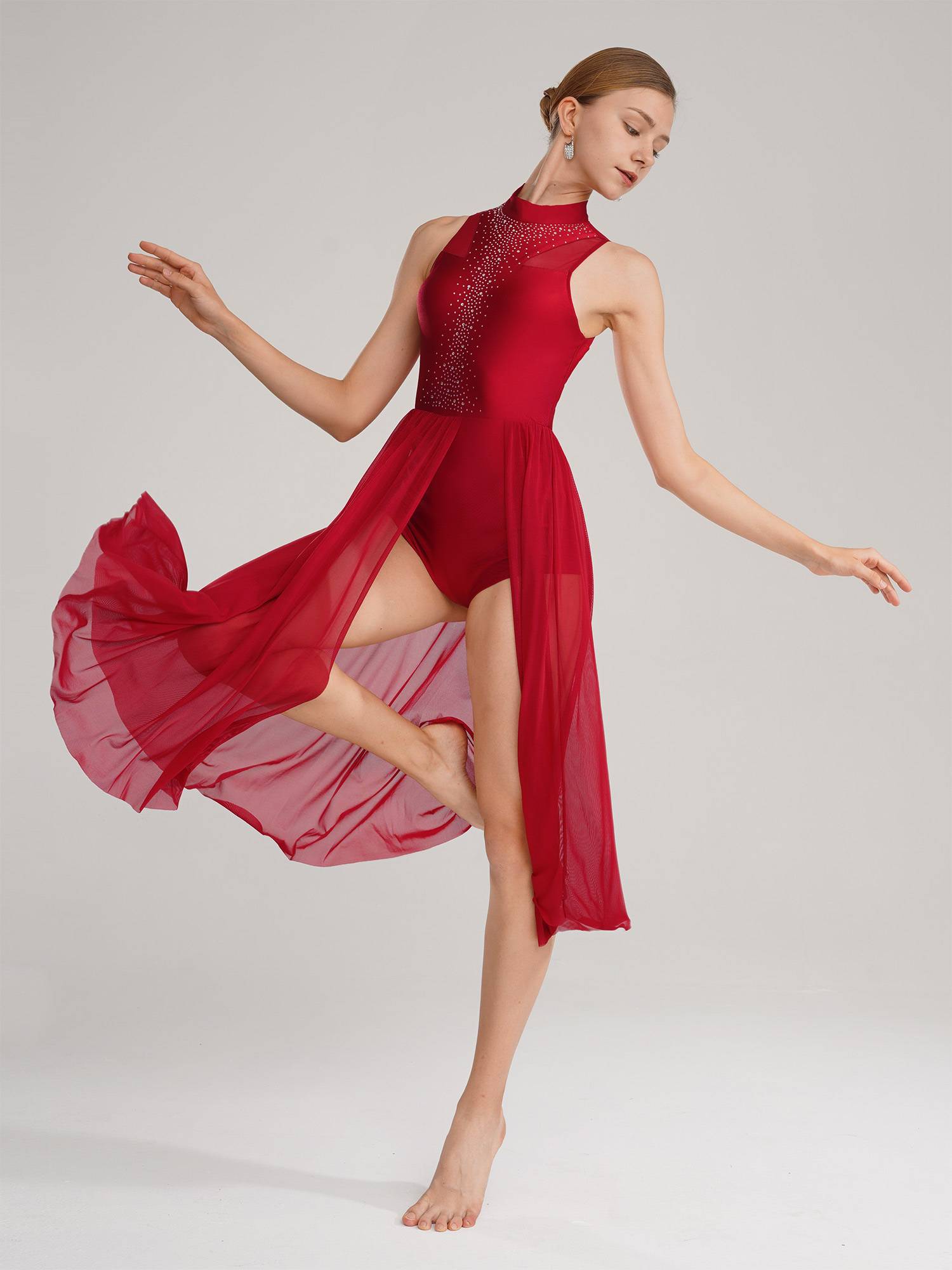 Women Sleeveless Sparkly Rhinestone Side Split Lyrical Dance Dresses