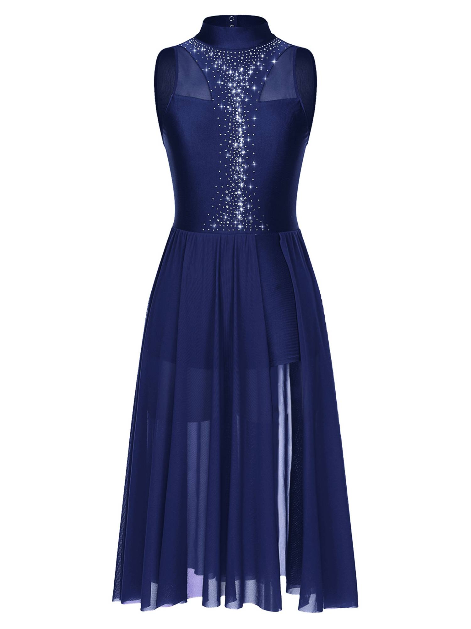 Women Sleeveless Sparkly Rhinestone Side Split Lyrical Dance Dresses