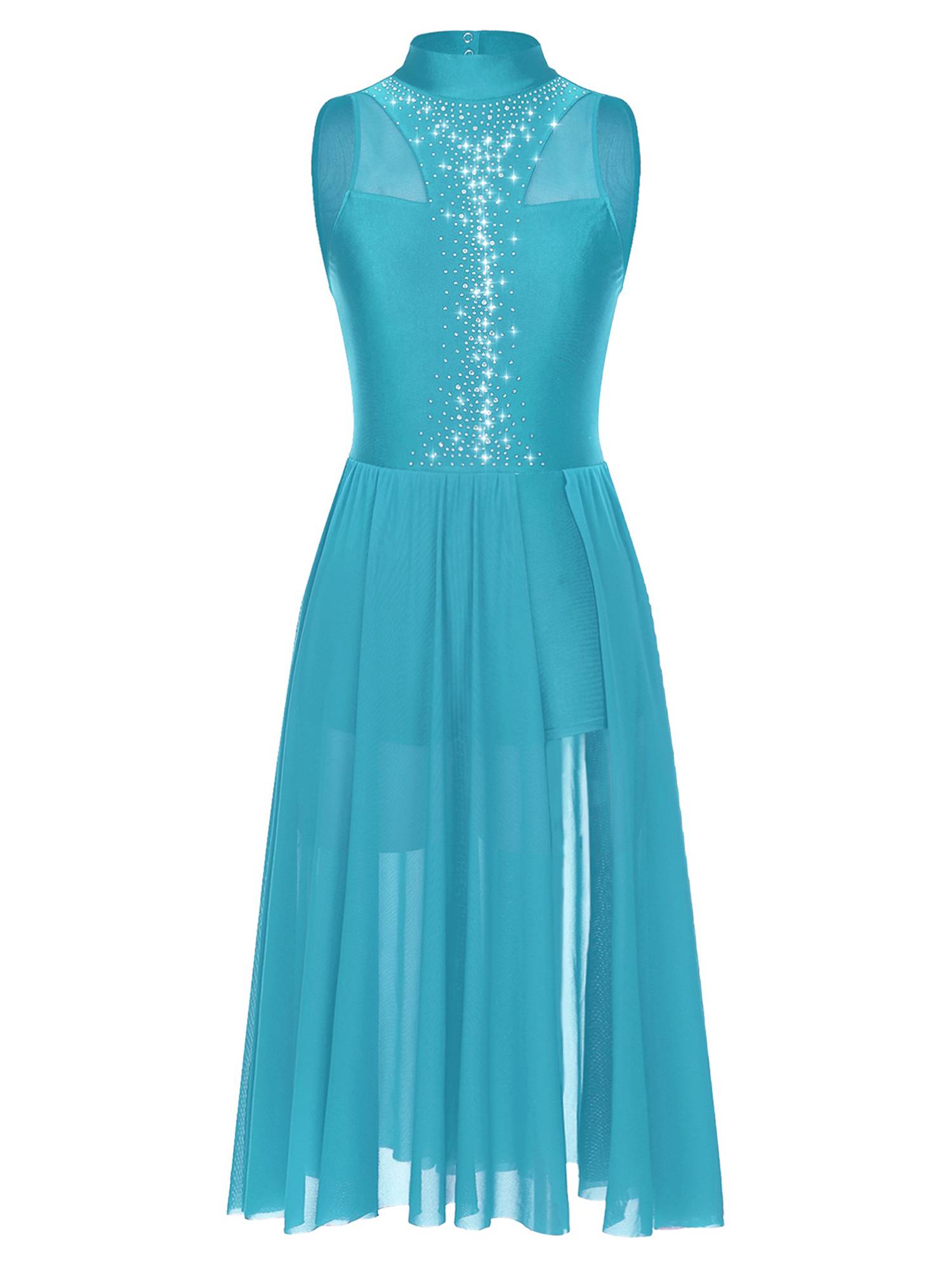 Women Sleeveless Sparkly Rhinestone Side Split Lyrical Dance Dresses