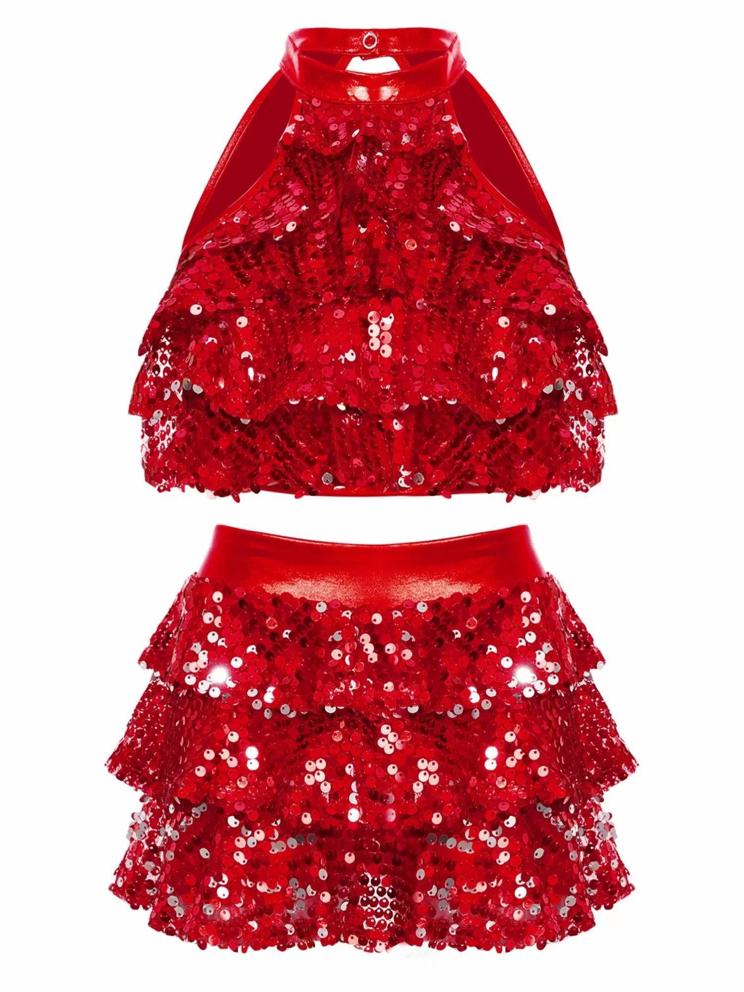 Kids Girls Sequin Backless Crop Top and Skirt Jazz Dance Sets