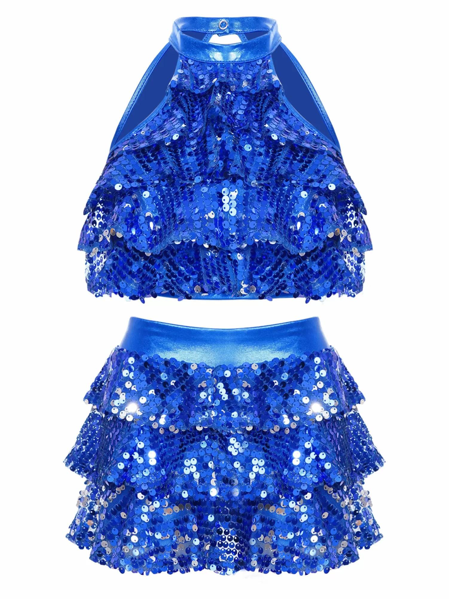Kids Girls Sequin Backless Crop Top and Skirt Jazz Dance Sets