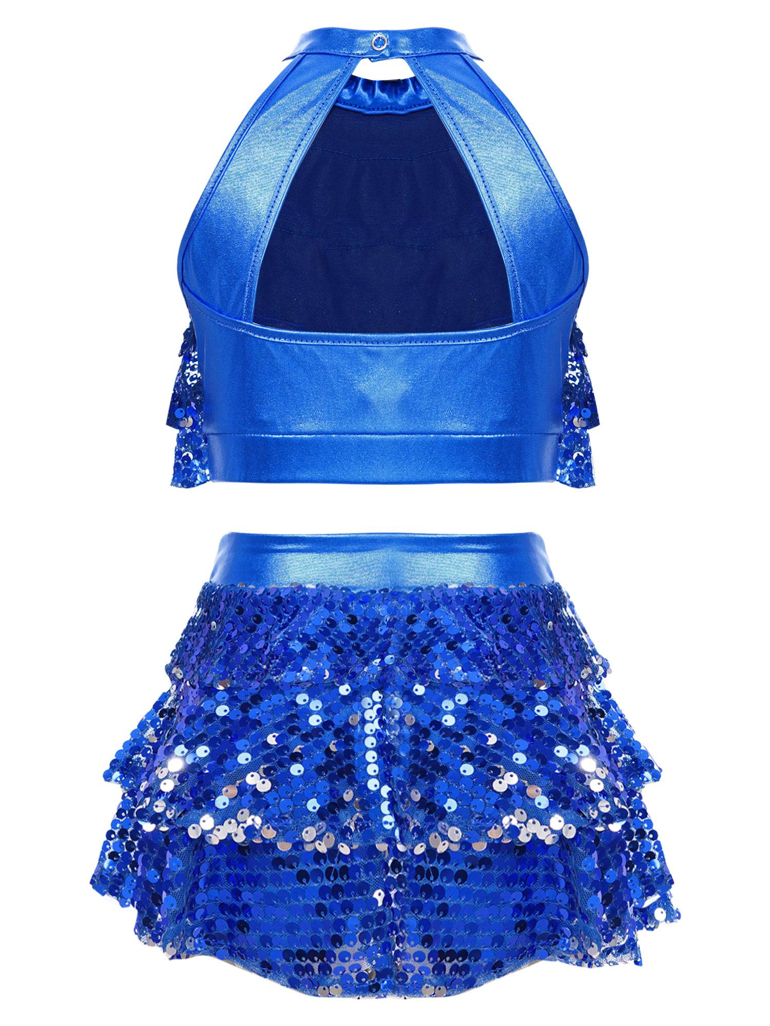 Kids Girls Sequin Backless Crop Top and Skirt Jazz Dance Sets