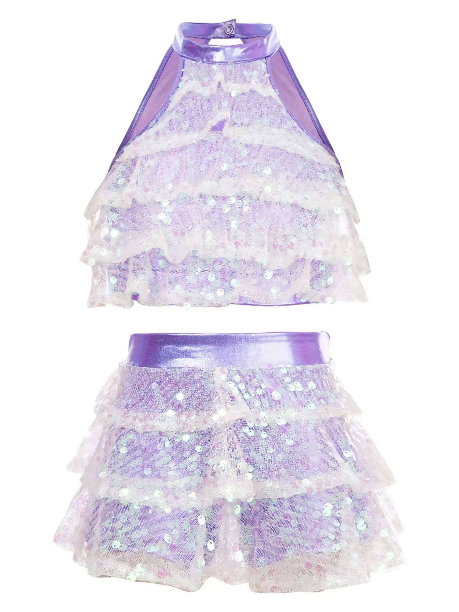Kids Girls Sequin Backless Crop Top and Skirt Jazz Dance Sets