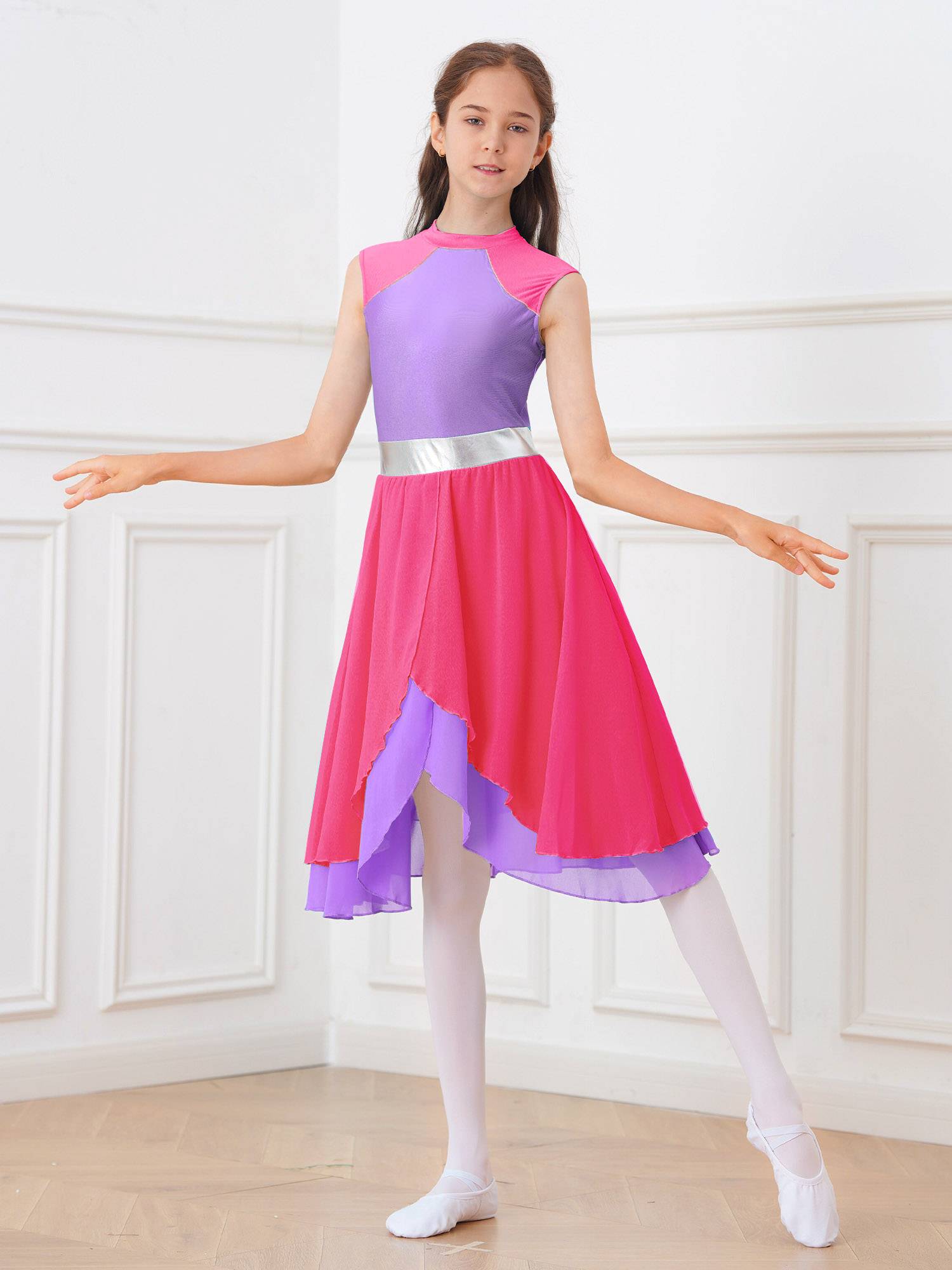 Kids Girls Color Block Tiered Wrapped Hem Praise Lyrical Dance Dress
