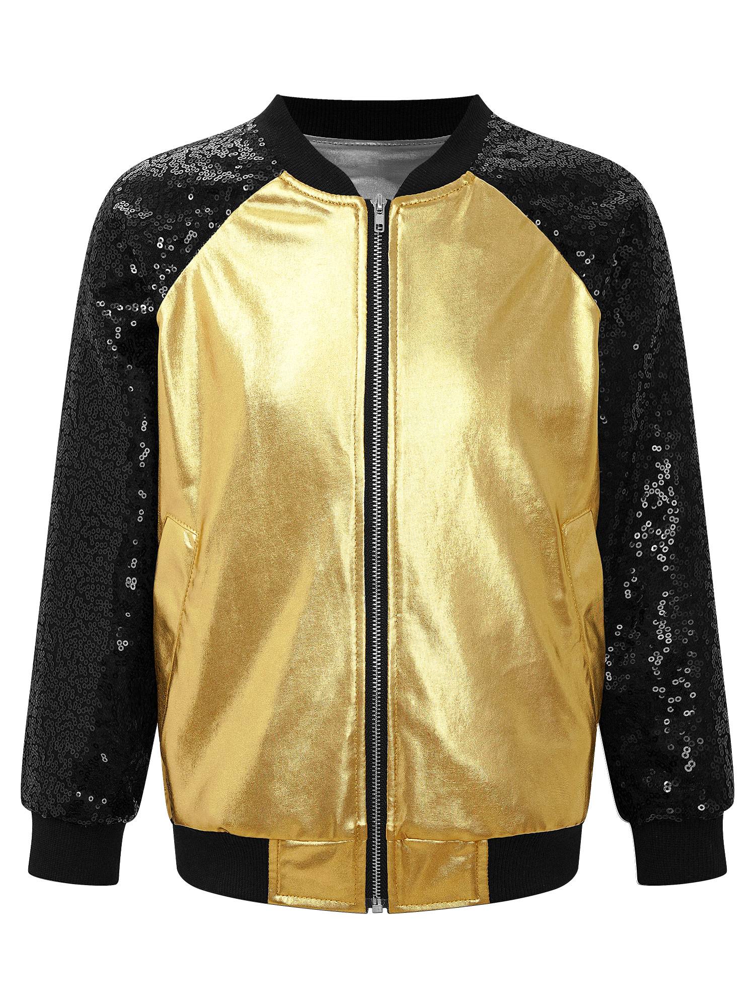 Kids Girls Sequin Long Sleeve Zipper Front Jacket and Metallic Pants Dance Set