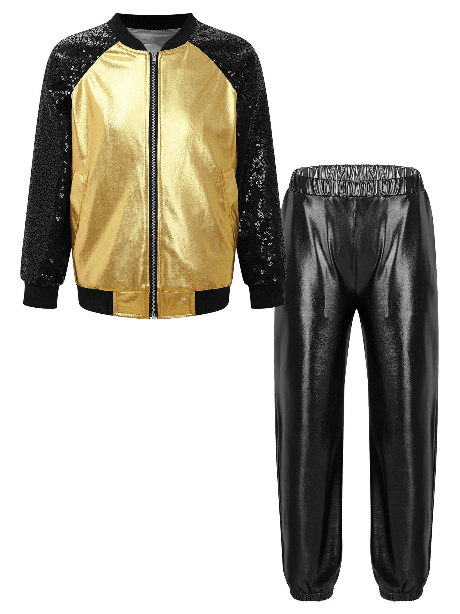 Kids Girls Sequin Long Sleeve Zipper Front Jacket and Metallic Pants Dance Set