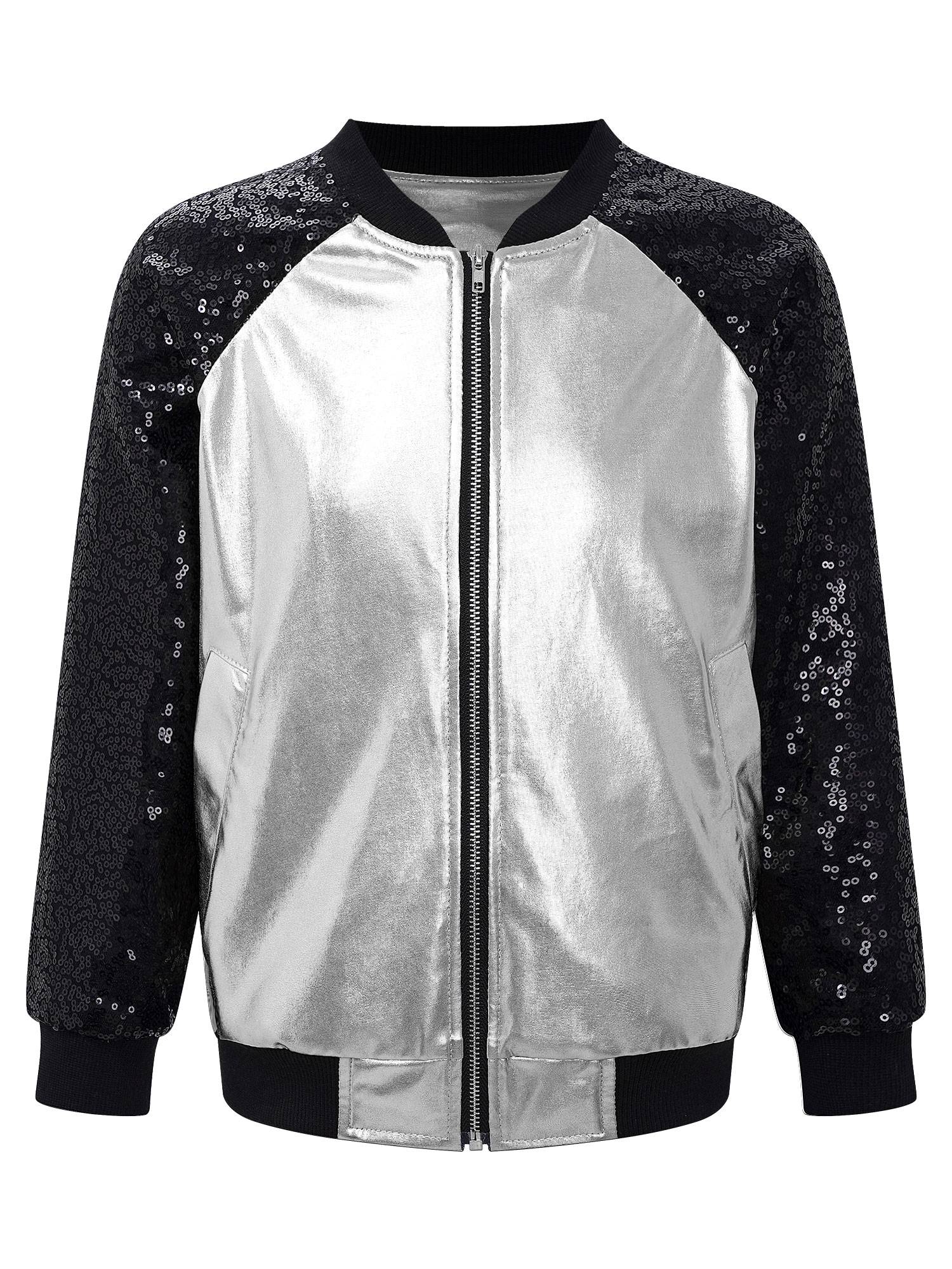 Kids Girls Sequin Long Sleeve Zipper Front Jacket and Metallic Pants Dance Set