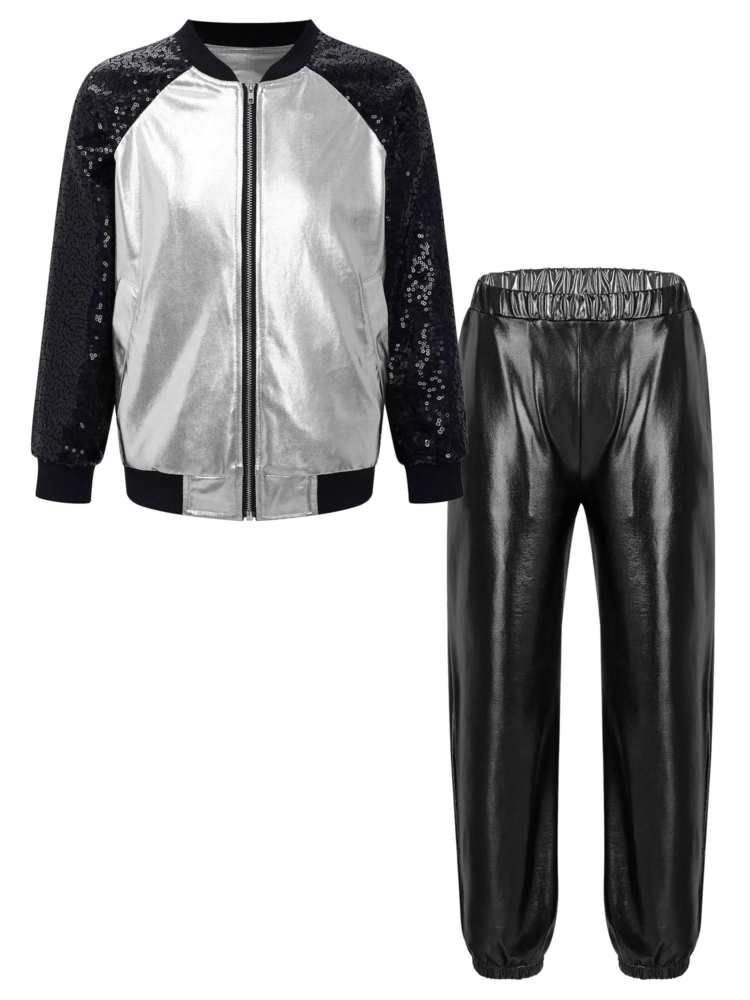 Kids Girls Sequin Long Sleeve Zipper Front Jacket and Metallic Pants Dance Set