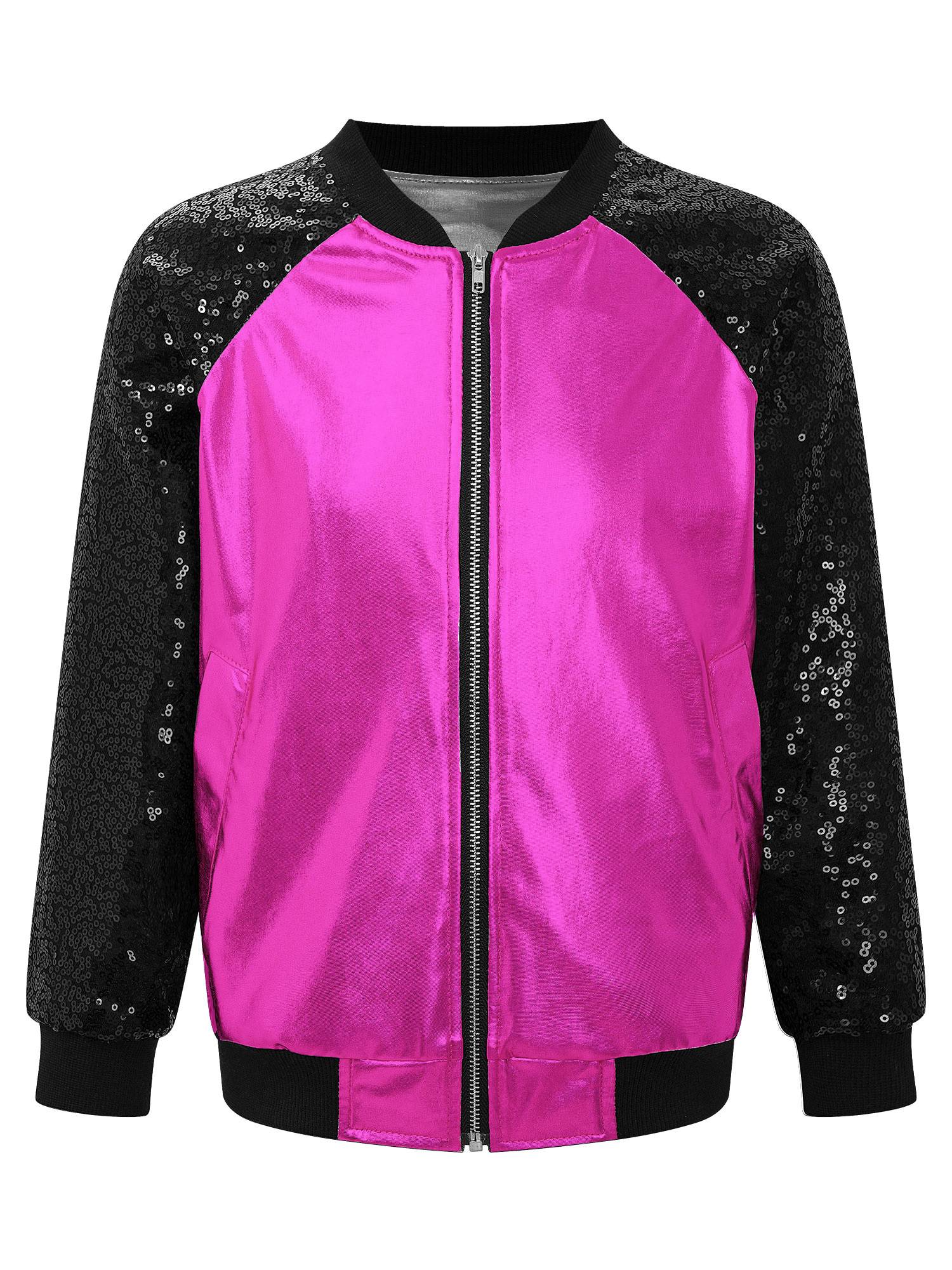 Kids Girls Sequin Long Sleeve Zipper Front Jacket and Metallic Pants Dance Set