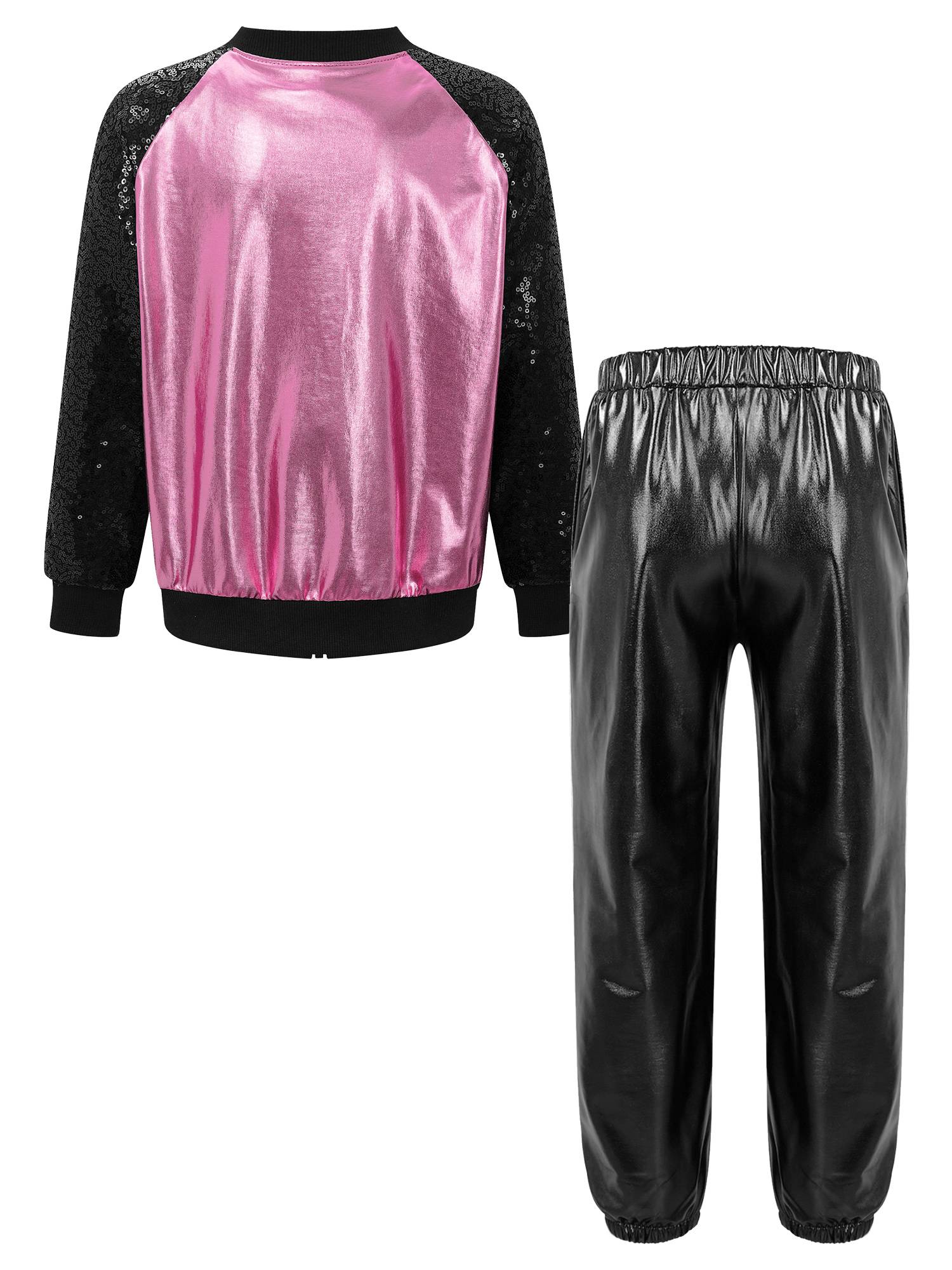 Kids Girls Sequin Long Sleeve Zipper Front Jacket and Metallic Pants Dance Set