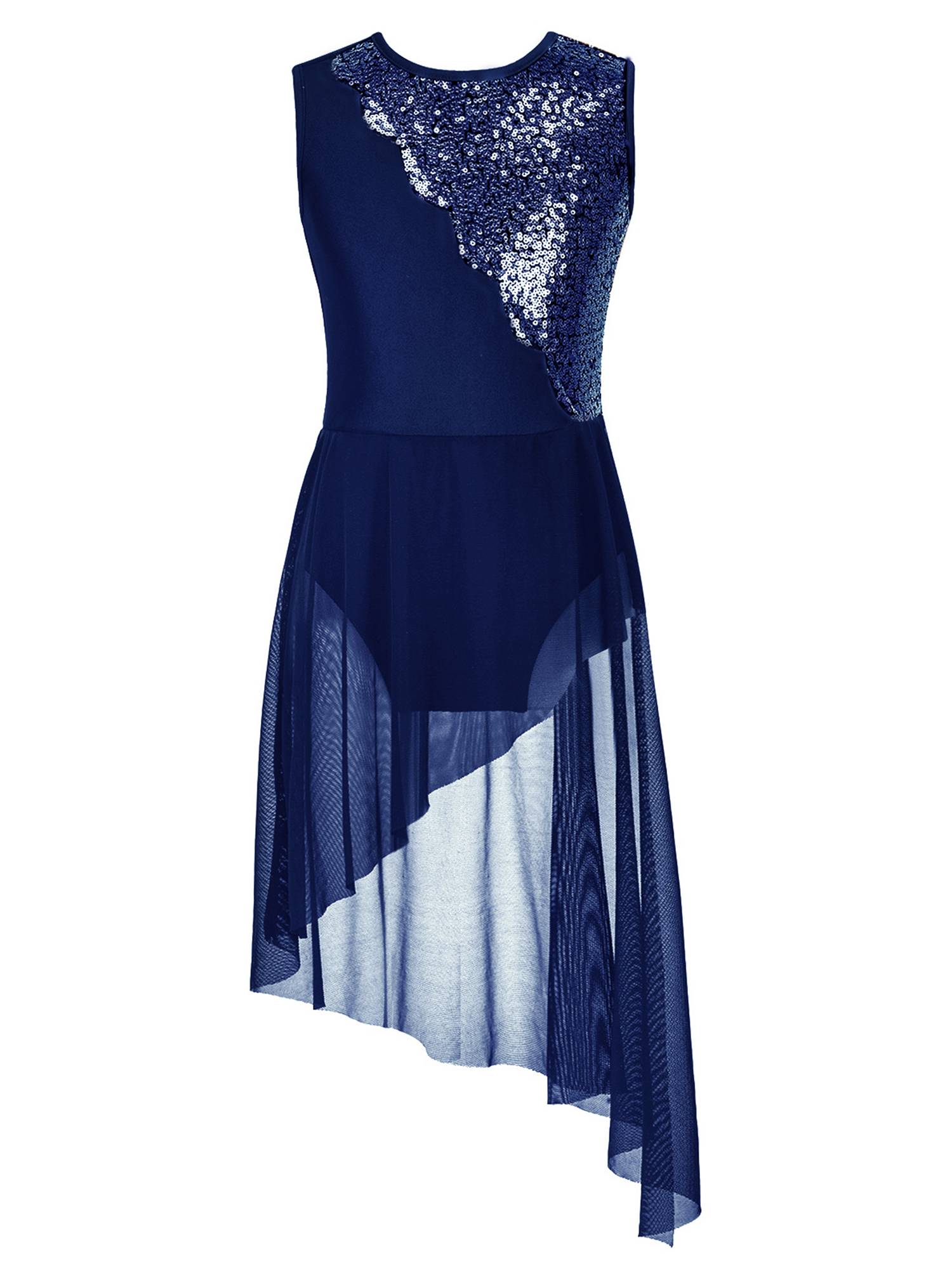Kids Girls Sleeveless Sequins Irregular Lyrical Dance Dress