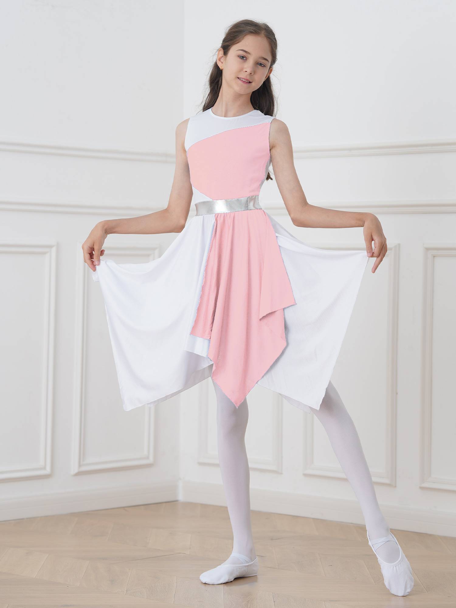 Kids Girls Sleeveless Colorblock Praise Worship Dance Dress