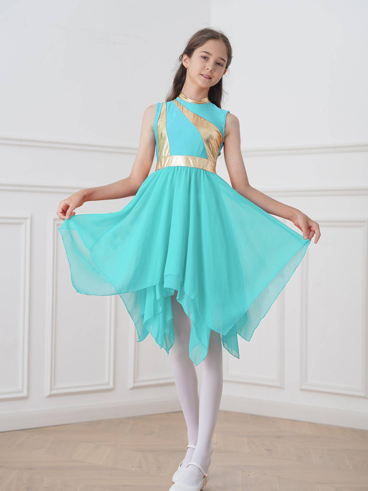 Kids Girls Metallic Sleeveless Praise Dance Dress