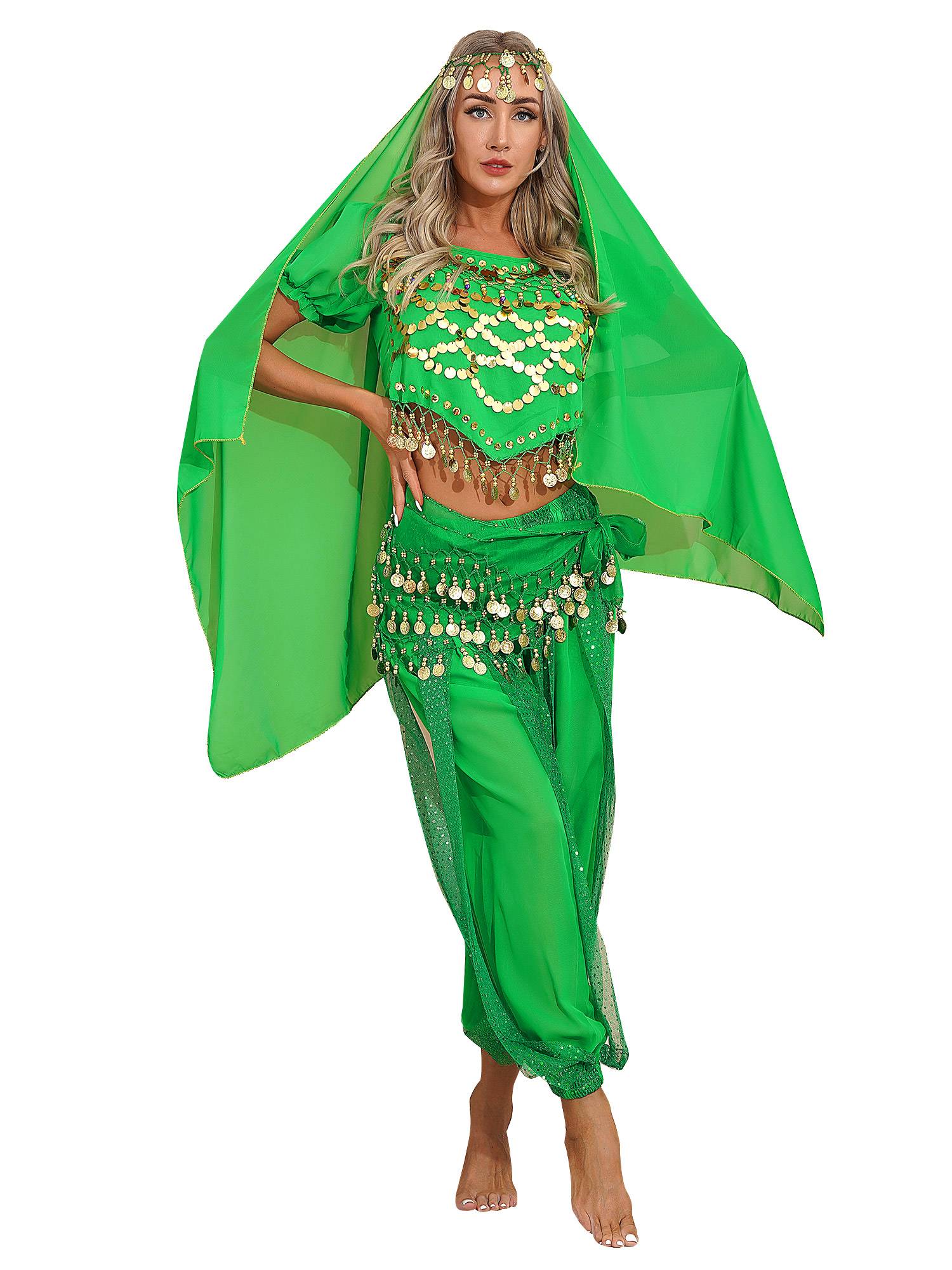Women 4Pcs Belly Dance Puff Sleeve Sequin Crop Top with Pants Sets