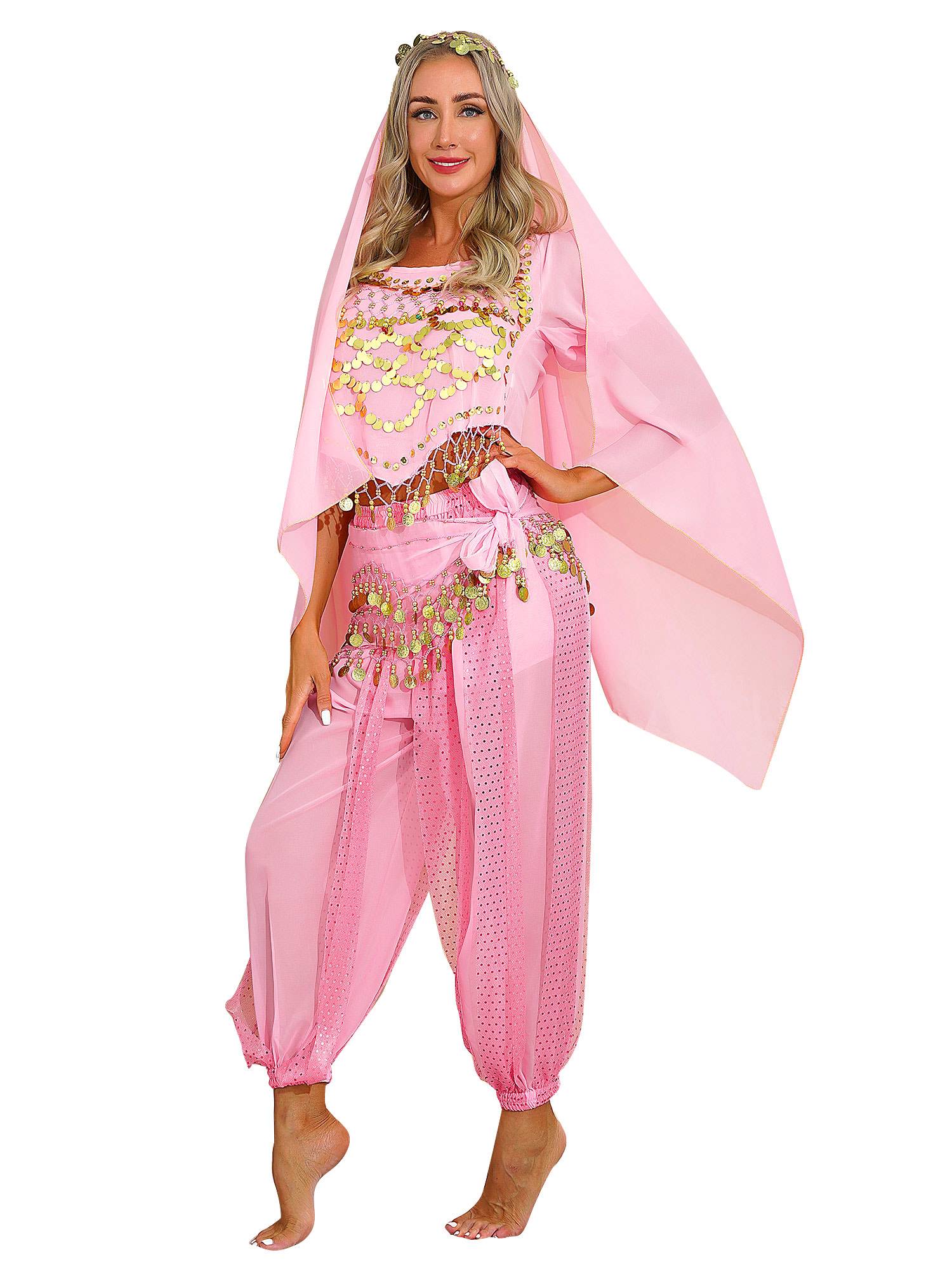 Women 4Pcs Belly Dance Puff Sleeve Sequin Crop Top with Pants Sets