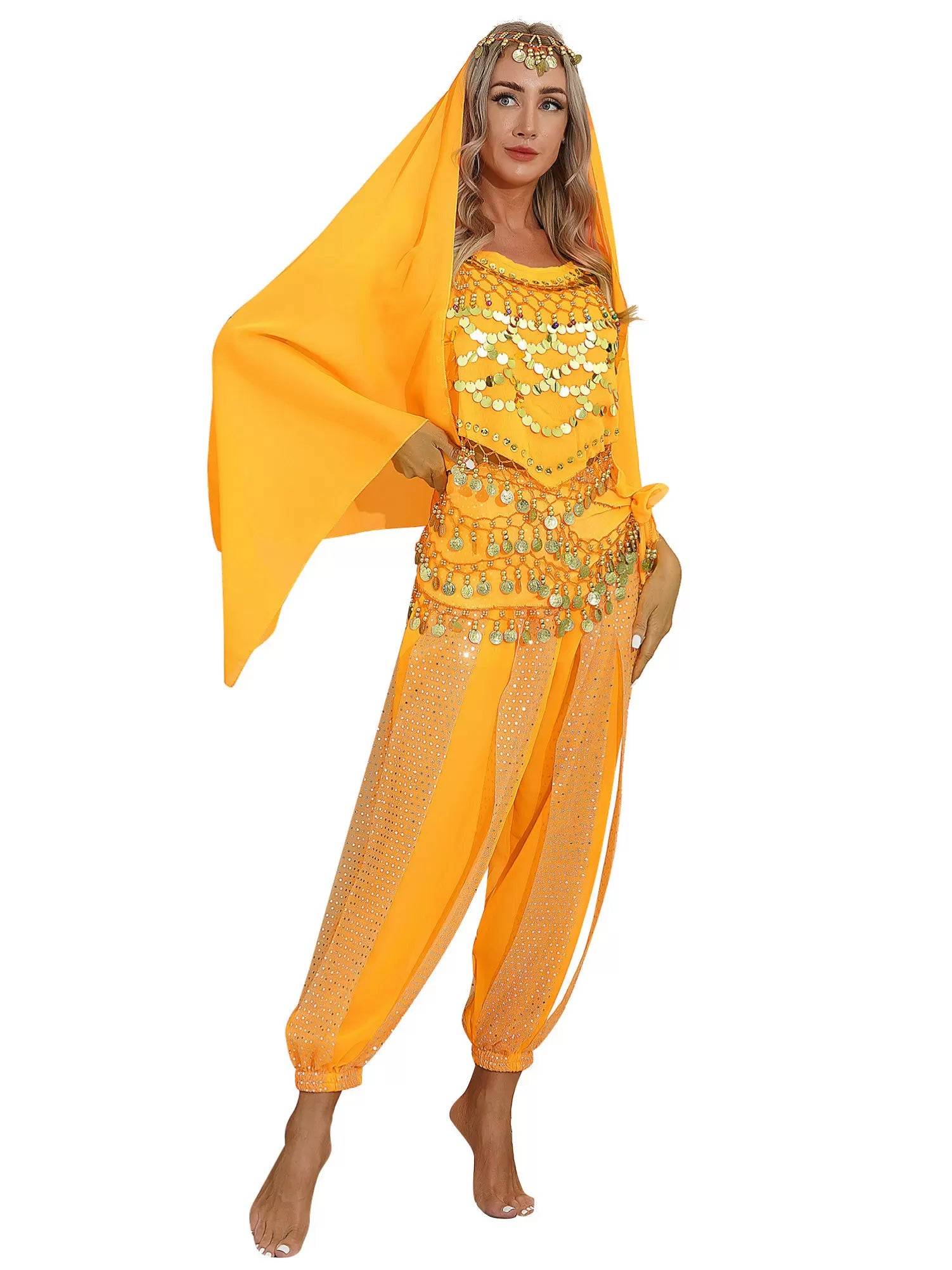 Women 4Pcs Belly Dance Puff Sleeve Sequin Crop Top with Pants Sets