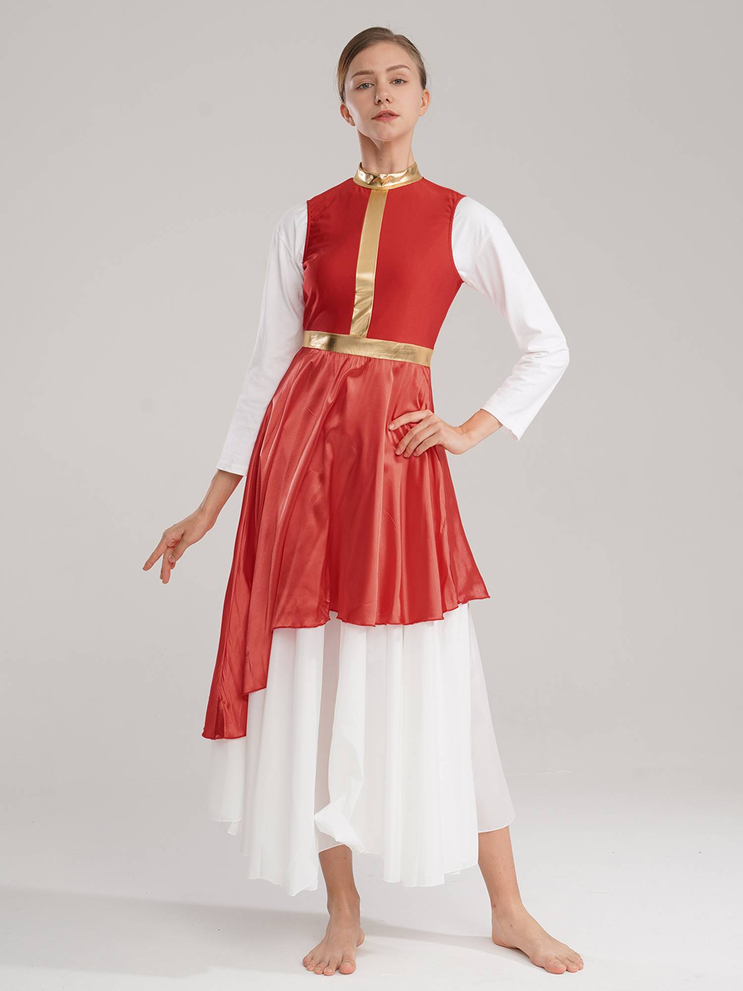 Women Sleeveless Satin High Low Worship Dance Dress(no white underdress)