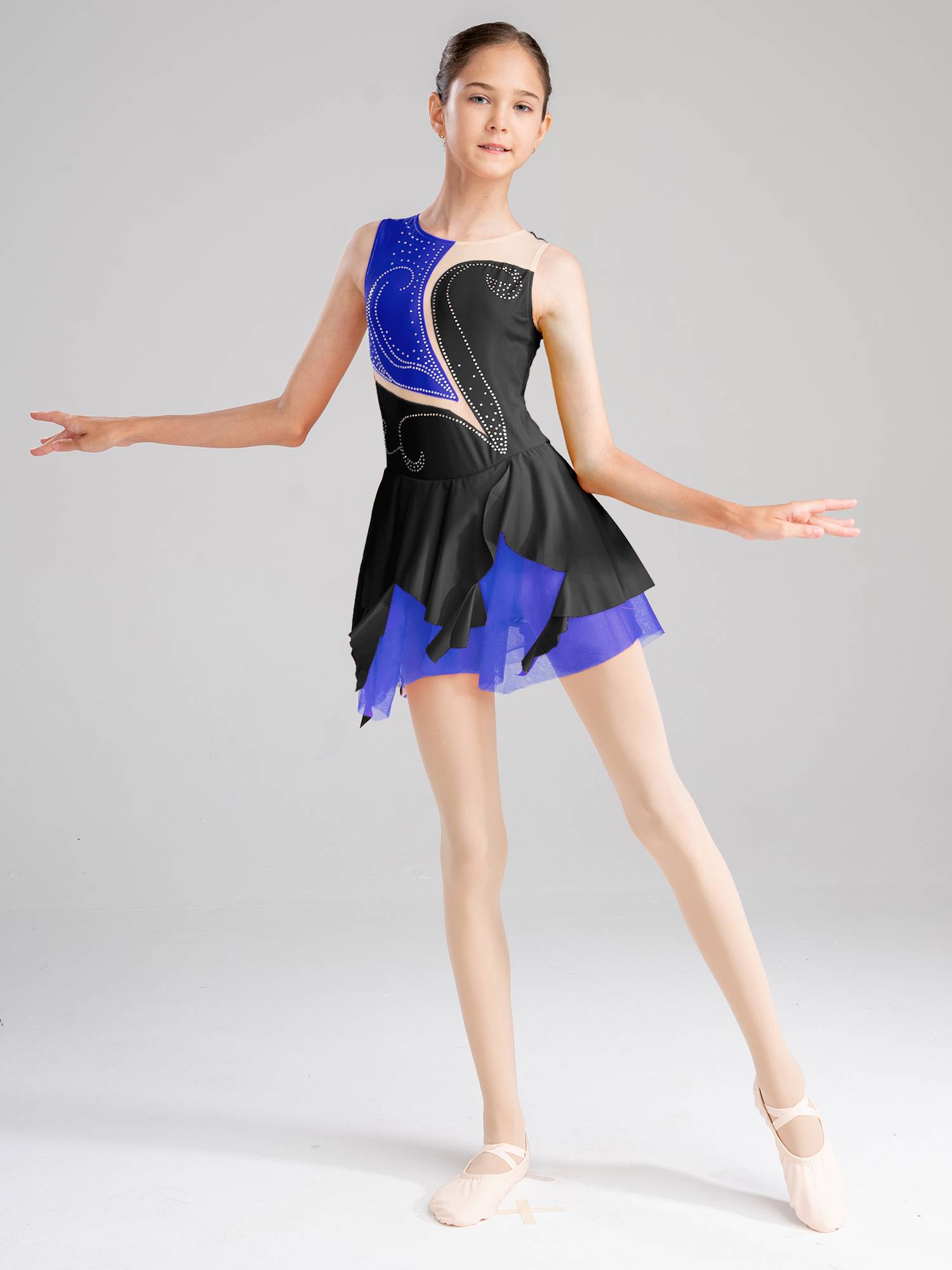 Kids Girls Sleeveless Colorblock Rhinestone Skating Dance Dress