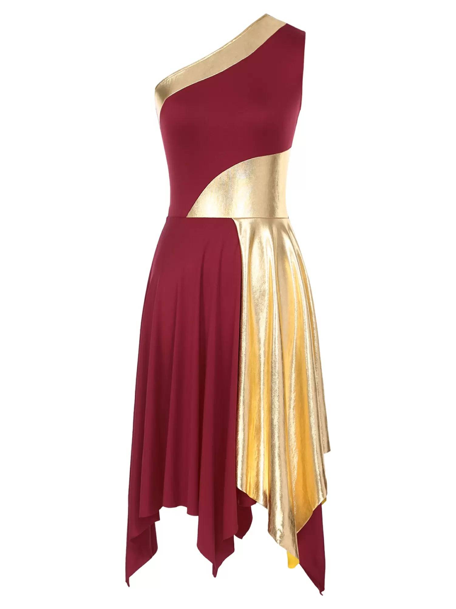 Women One Shoulder Metallic Sleeveless Worship Praise Dance Dress
