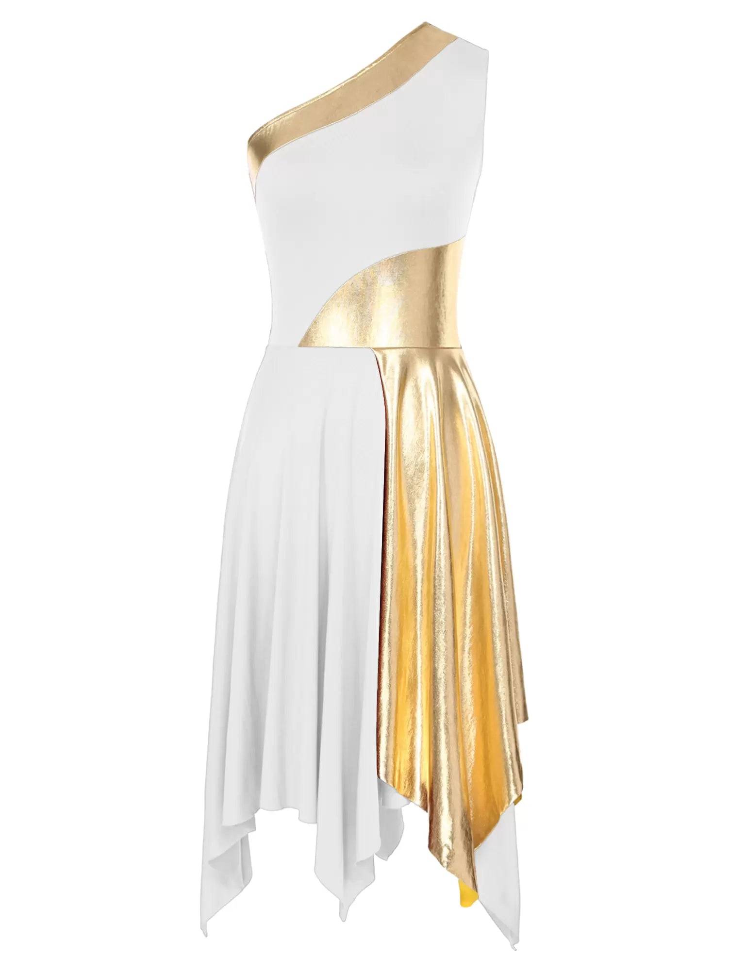 Women One Shoulder Metallic Sleeveless Worship Praise Dance Dress