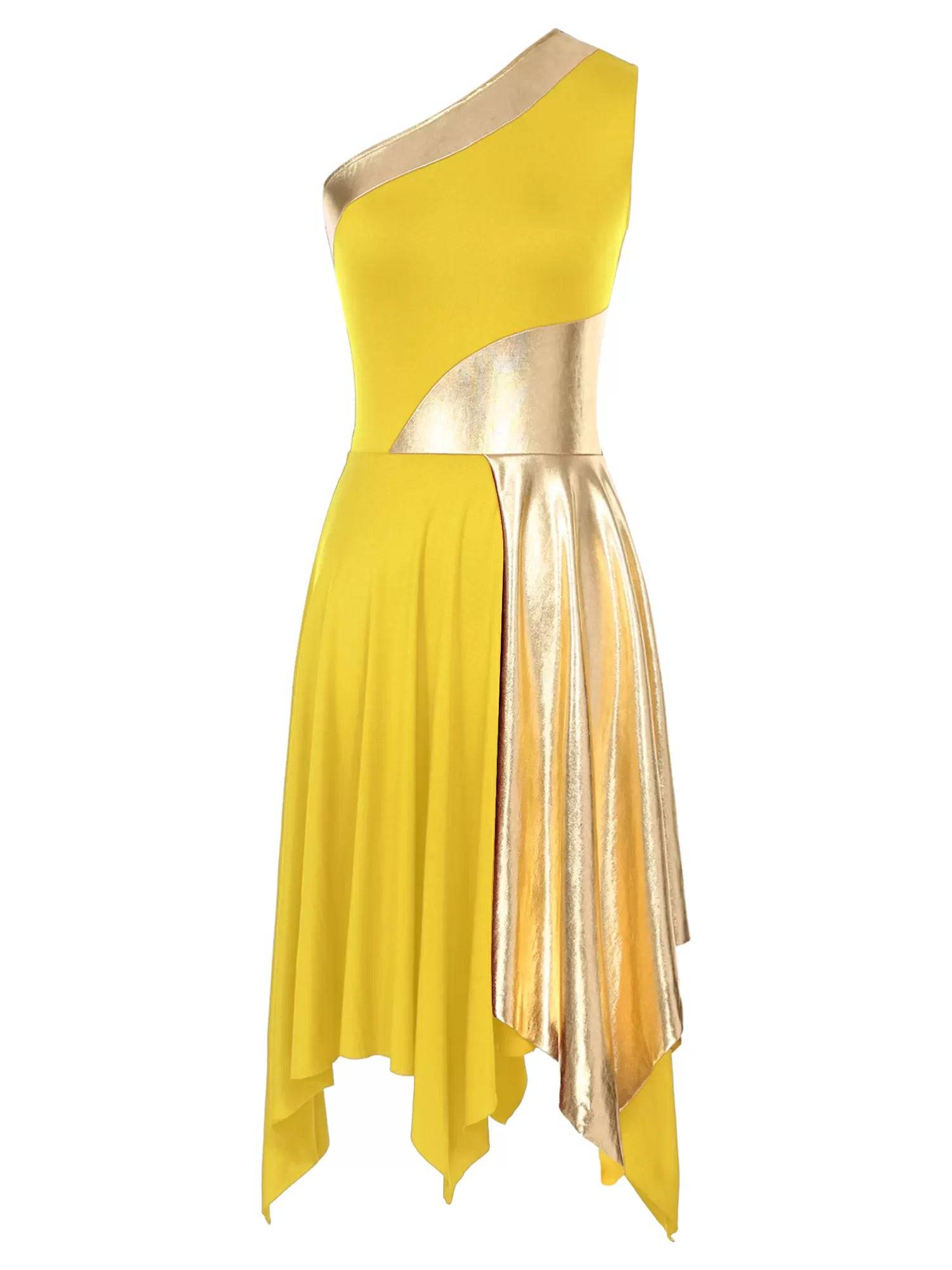 Women One Shoulder Metallic Sleeveless Worship Praise Dance Dress